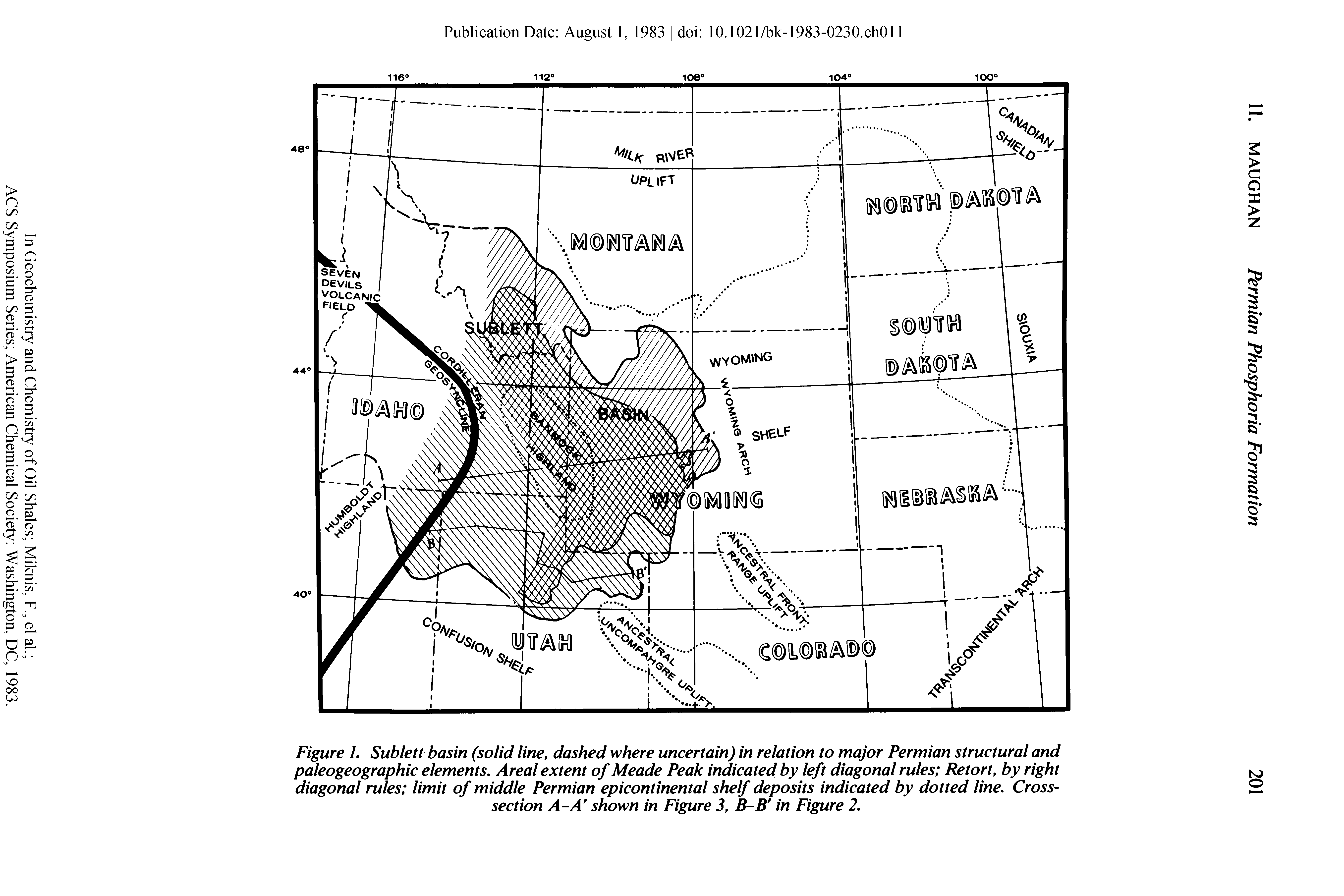 Figure 1. Sublett basin (solid line, dashed where uncertain) in relation to major Permian structural and paleogeographic elements. Areal extent of Meade Peak indicated by left diagonal rules Retort, by right diagonal rules limit of middle Permian epicontinental shelf deposits indicated by dotted line. Cross-section A-A shown in Figure 3, B-B in Figure 2.