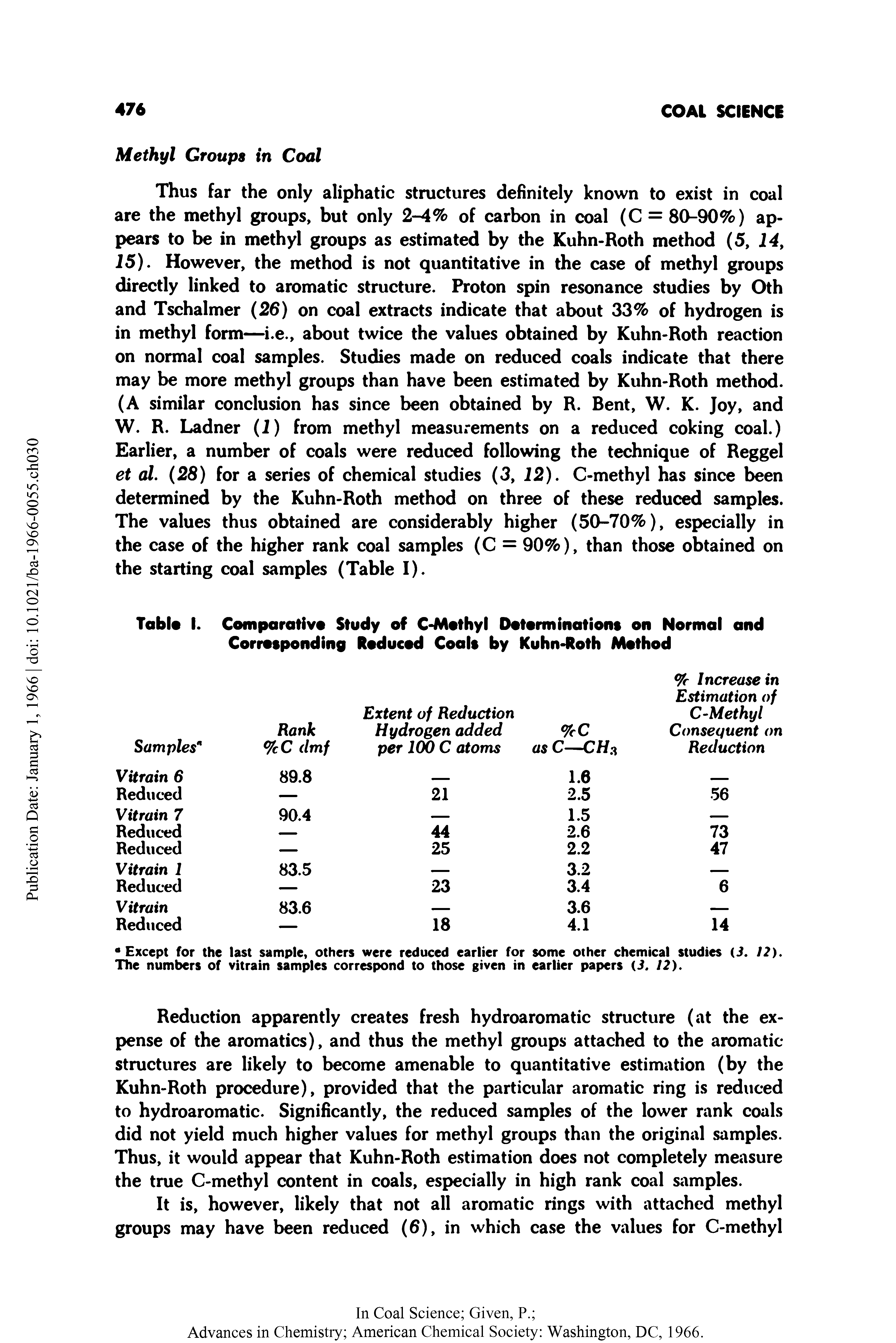 Table I. Comparative Study of C-Methyl Determinations on Normal and Corresponding Reduced Coals by Kuhn-Roth Method...