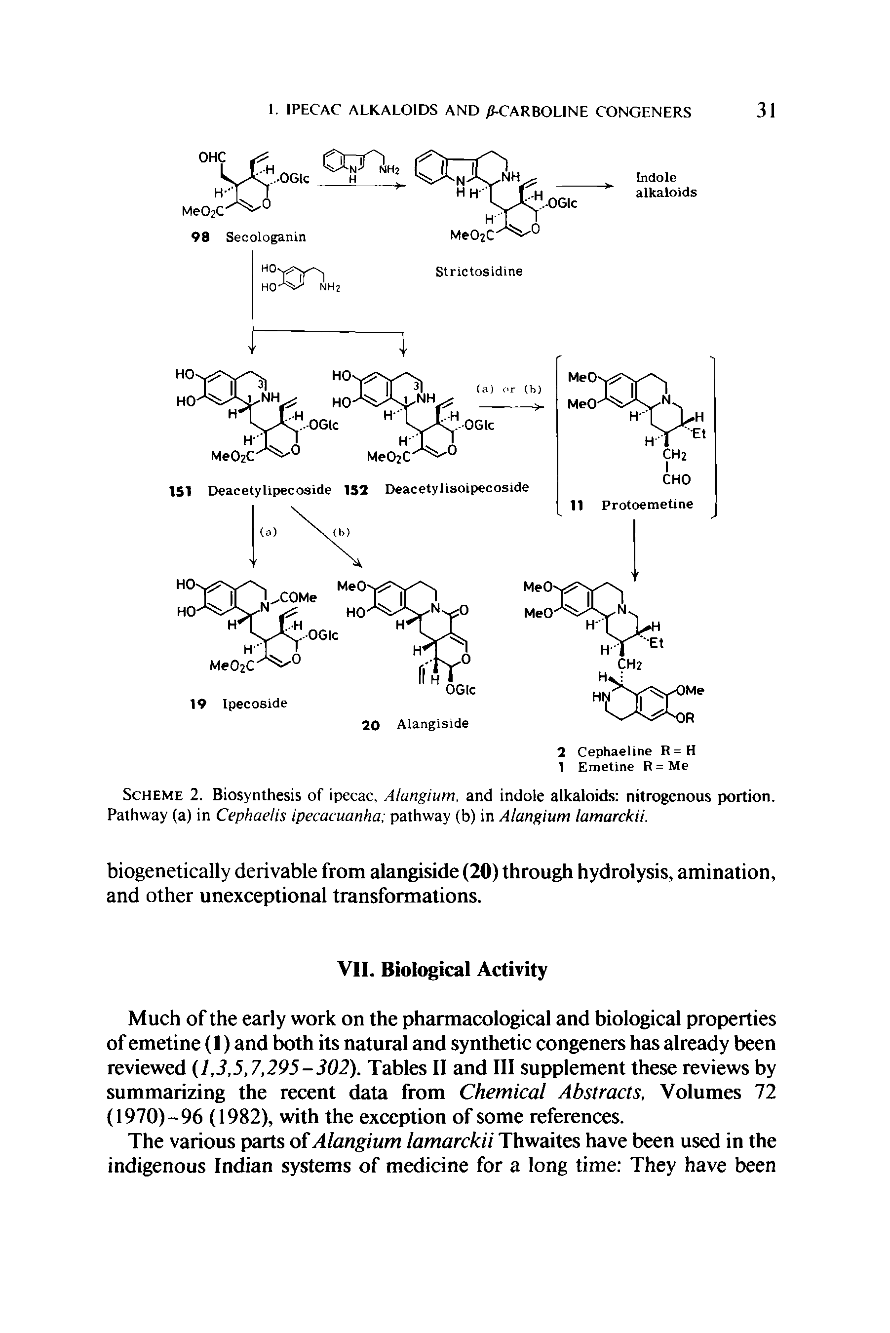 Scheme 2. Biosynthesis of ipecac, Alangium, and indole alkaloids nitrogenous portion. Pathway (a) in Cephaelis ipecacuanha pathway (b) in Alangium lamarckii.