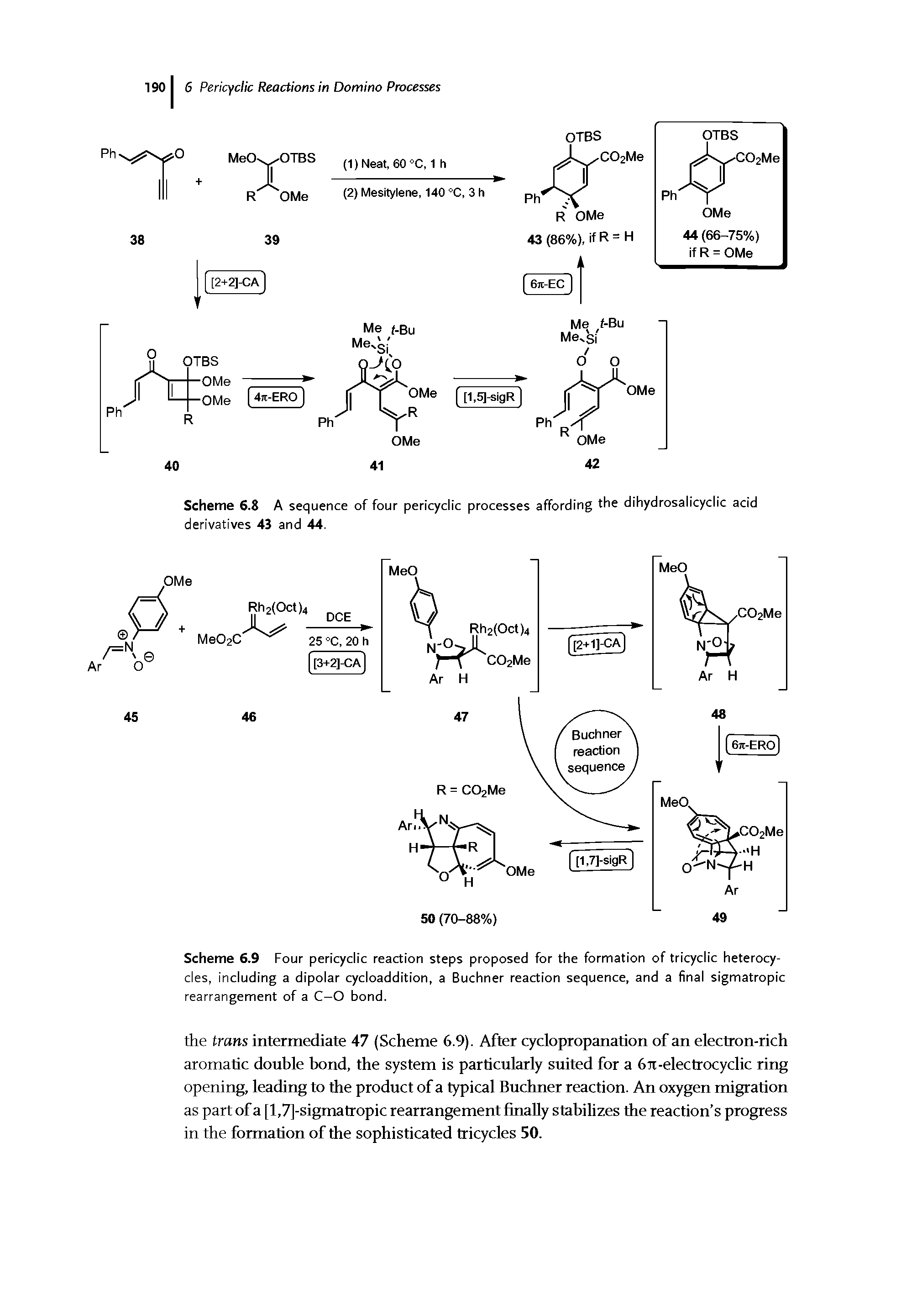 Scheme 6.9 Four pericyclic reaction steps proposed for the formation of tricyclic heterocycles, including a dipolar cycloaddition, a Buchner reaction sequence, and a final sigmatropic rearrangement of a C—O bond.