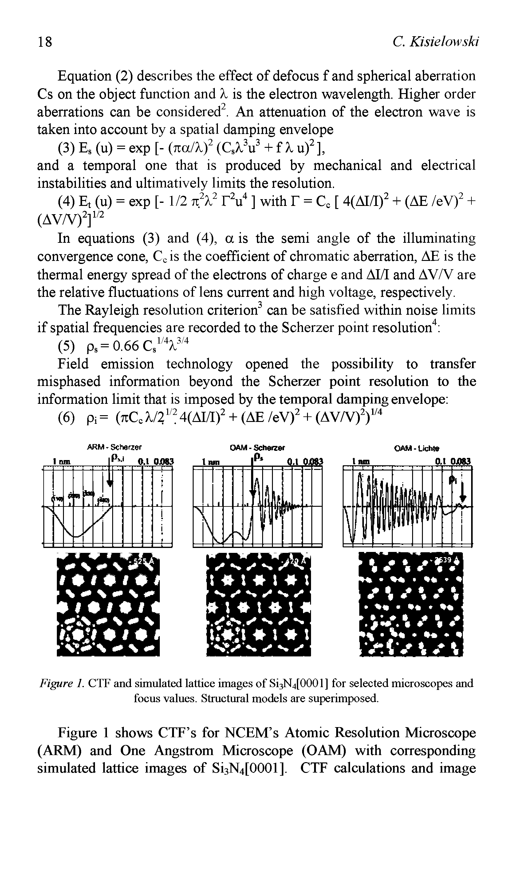 Figure 1. CTF and simulated lattice images of Si3N4[0001 ] for selected microscopes and focus values. Stmctural models are superimposed.