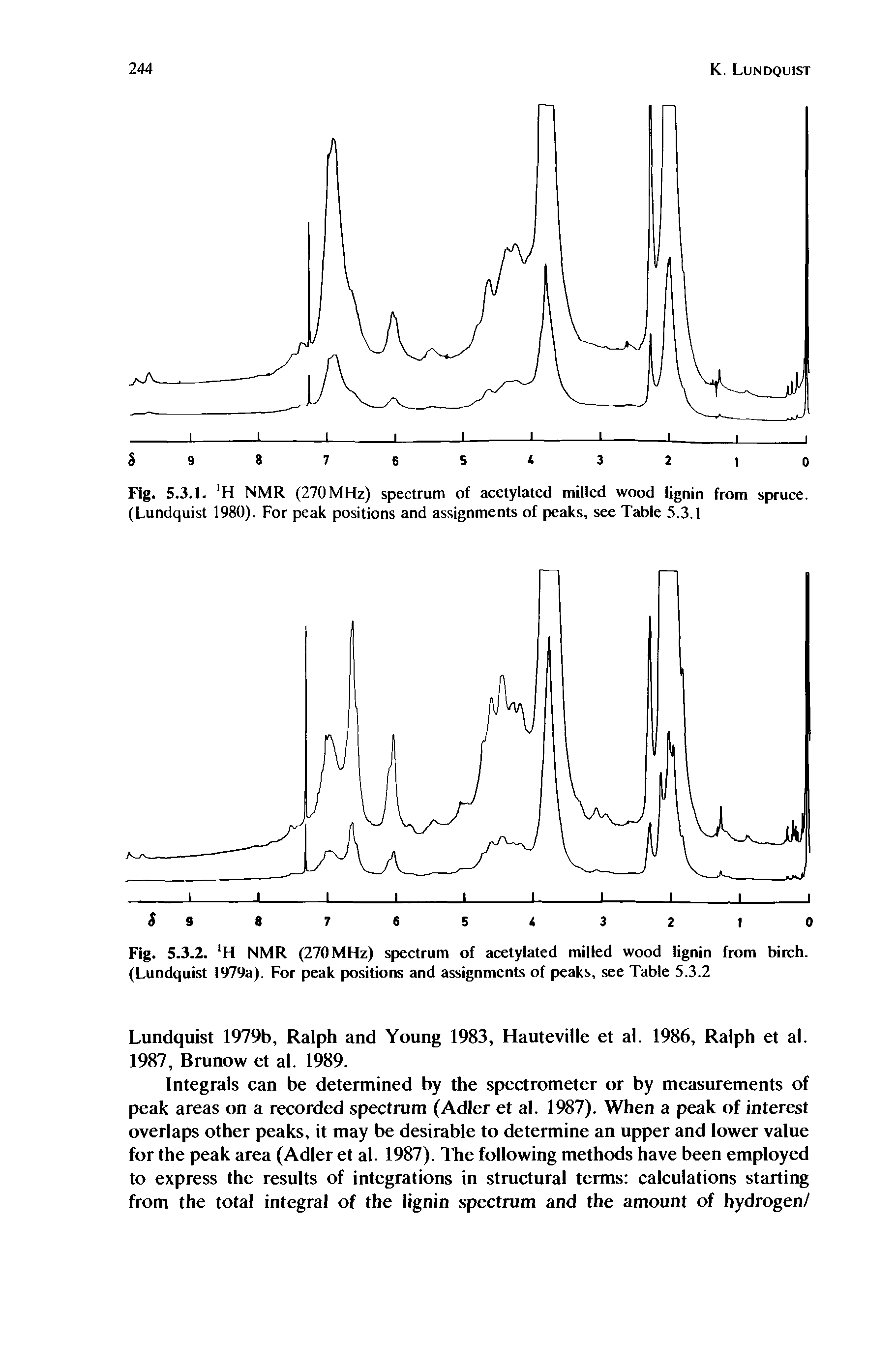 Fig. 5.3.1. H NMR (270 MHz) spectrum of acetylated milled wood lignin from spruce. (Lundquist 1980). For peak positions and assignments of peaks, see Table 5.3.1...
