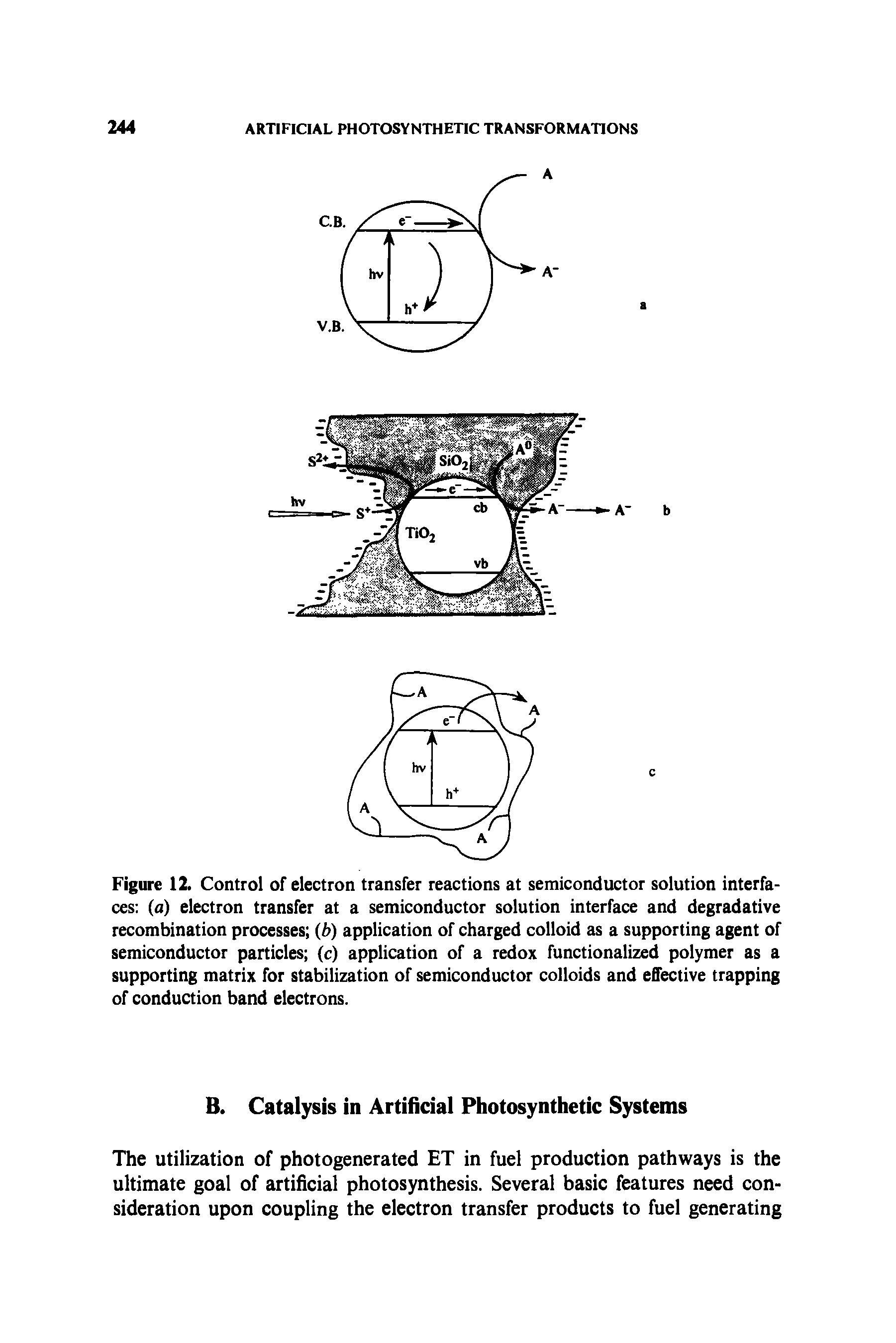 Figure 12. Control of electron transfer reactions at semiconductor solution interfaces (a) electron transfer at a semiconductor solution interface and degradative recombination processes (b) application of charged colloid as a supporting agent of semiconductor particles (c) application of a redox functionalized polymer as a supporting matrix for stabilization of semiconductor colloids and effective trapping of conduction band electrons.