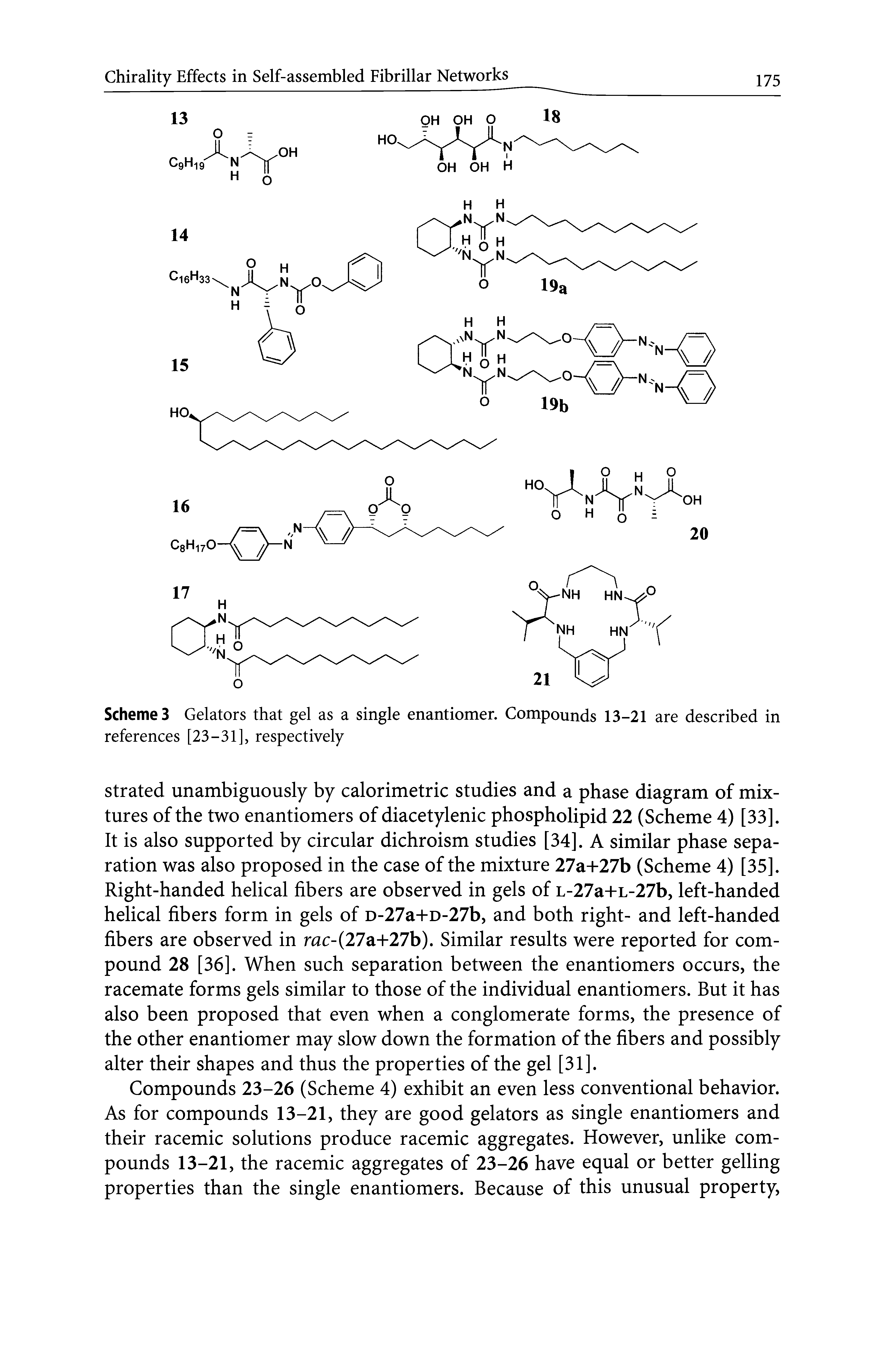 Schemes Gelators that gel as a single enantiomer. Compounds 13-21 are described in references [23-31], respectively...