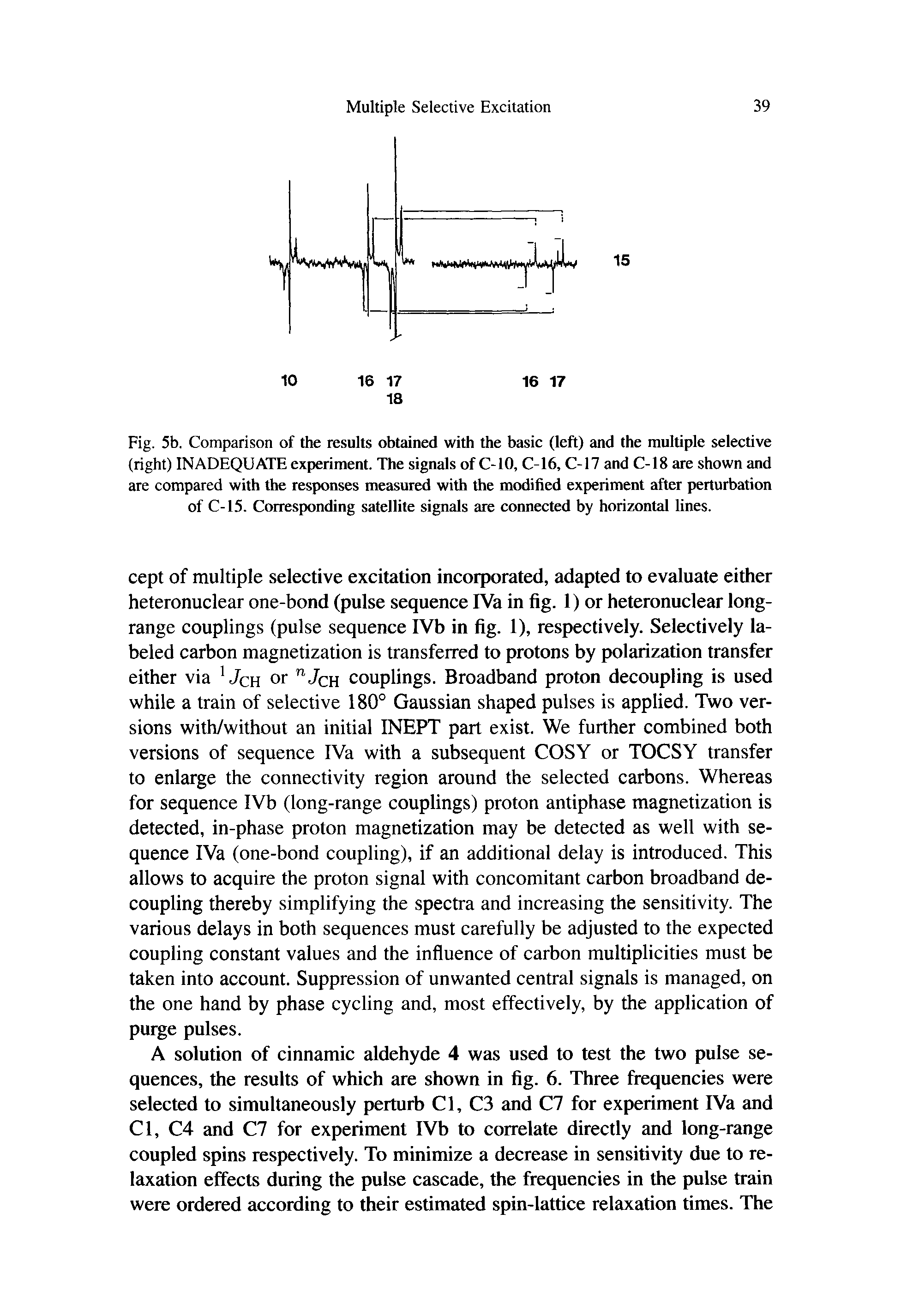 Fig. 5b. Comparison of the results obtained with the basic (left) and the multiple selective (right) INADEQUATE experiment. The signals of C-10, C-16, C-17 and C-18 are shown and are compared with the responses measured with the modified experiment after perturbation of C-15. Corresponding satellite signals are connected by horizontal lines.