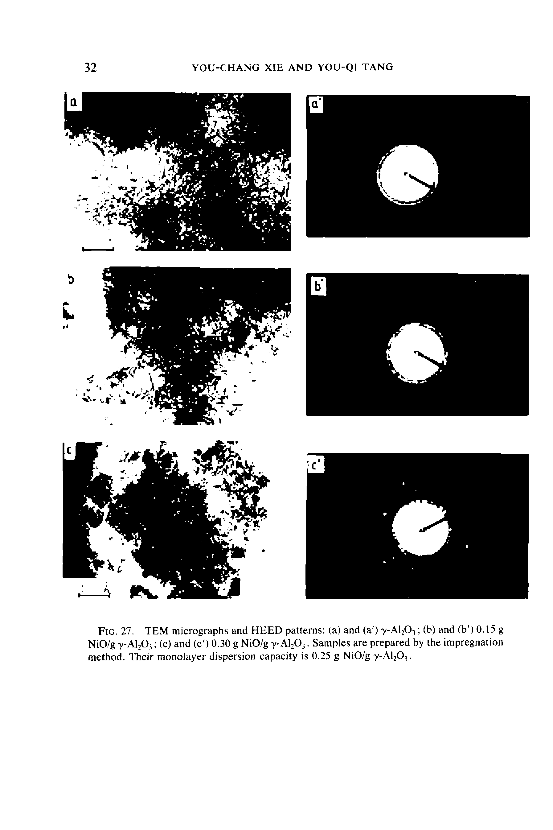 Fig. 27. TEM micrographs and HEED patterns (a) and (a ) y-Al203 (b) and (b ) 0.15 g NiO/g -y-Al203 (c) and (c ) 0.30 g NiO/g y-Al203. Samples are prepared by the impregnation method. Their monolayer dispersion capacity is 0.25 g NiO/g y-Al2Q3,...