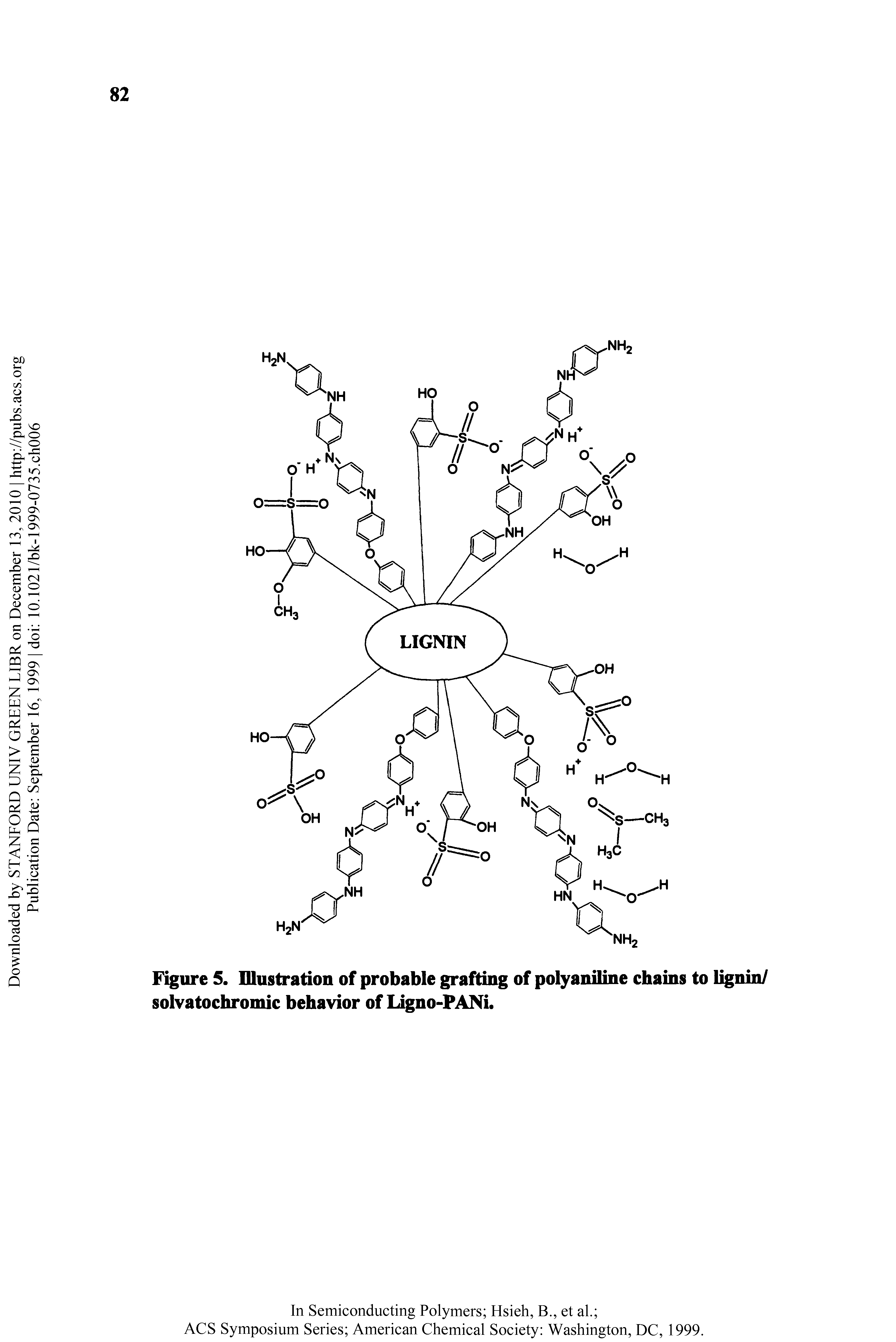 Figure 5. Dlustratioii of probable grafting of polyaniline chains to lignin/ solvatochromic behavior of Ligno-PANi.