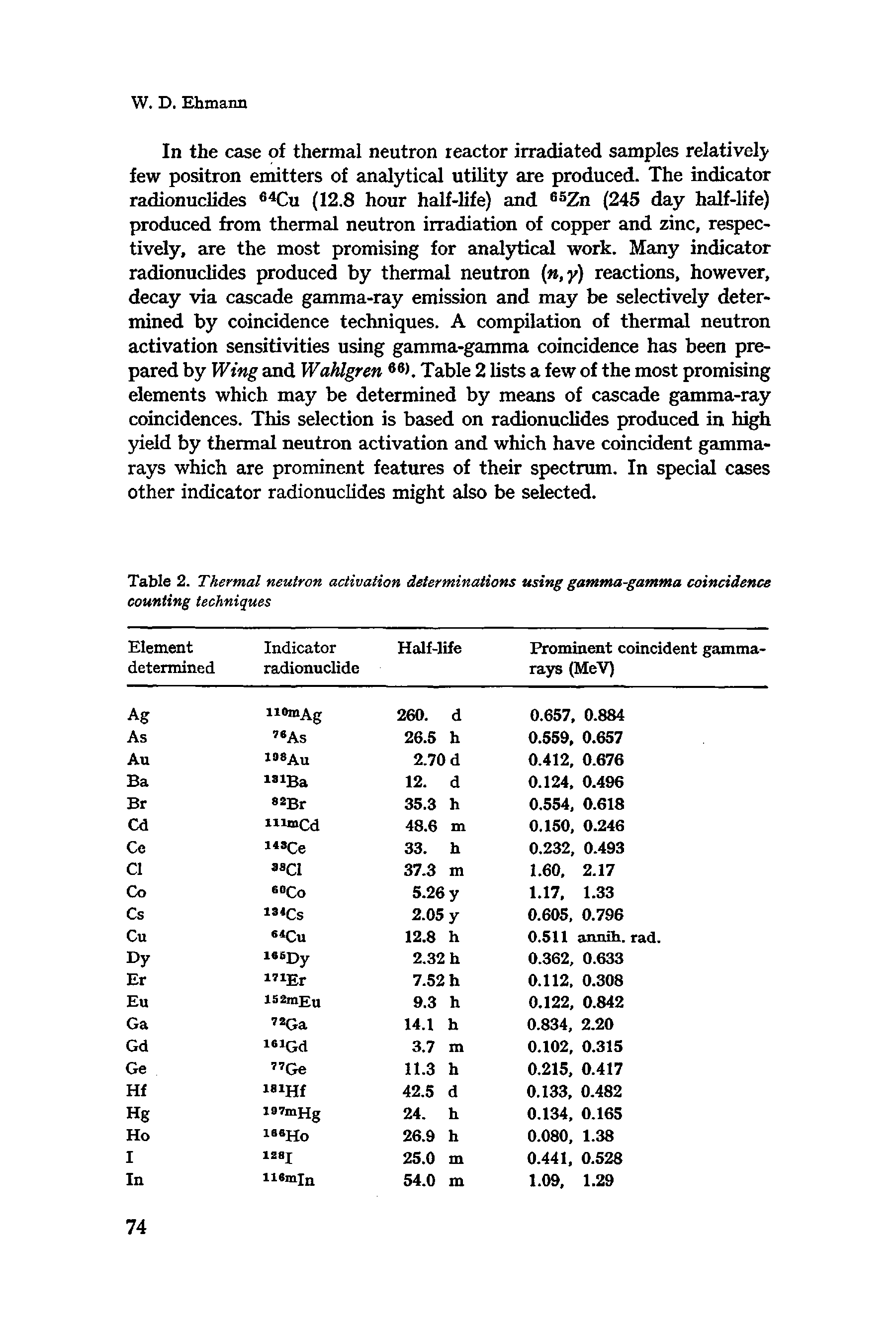 Table 2. Thermal neutron activation determinations using gamma-gamma coincidence counting techniques...