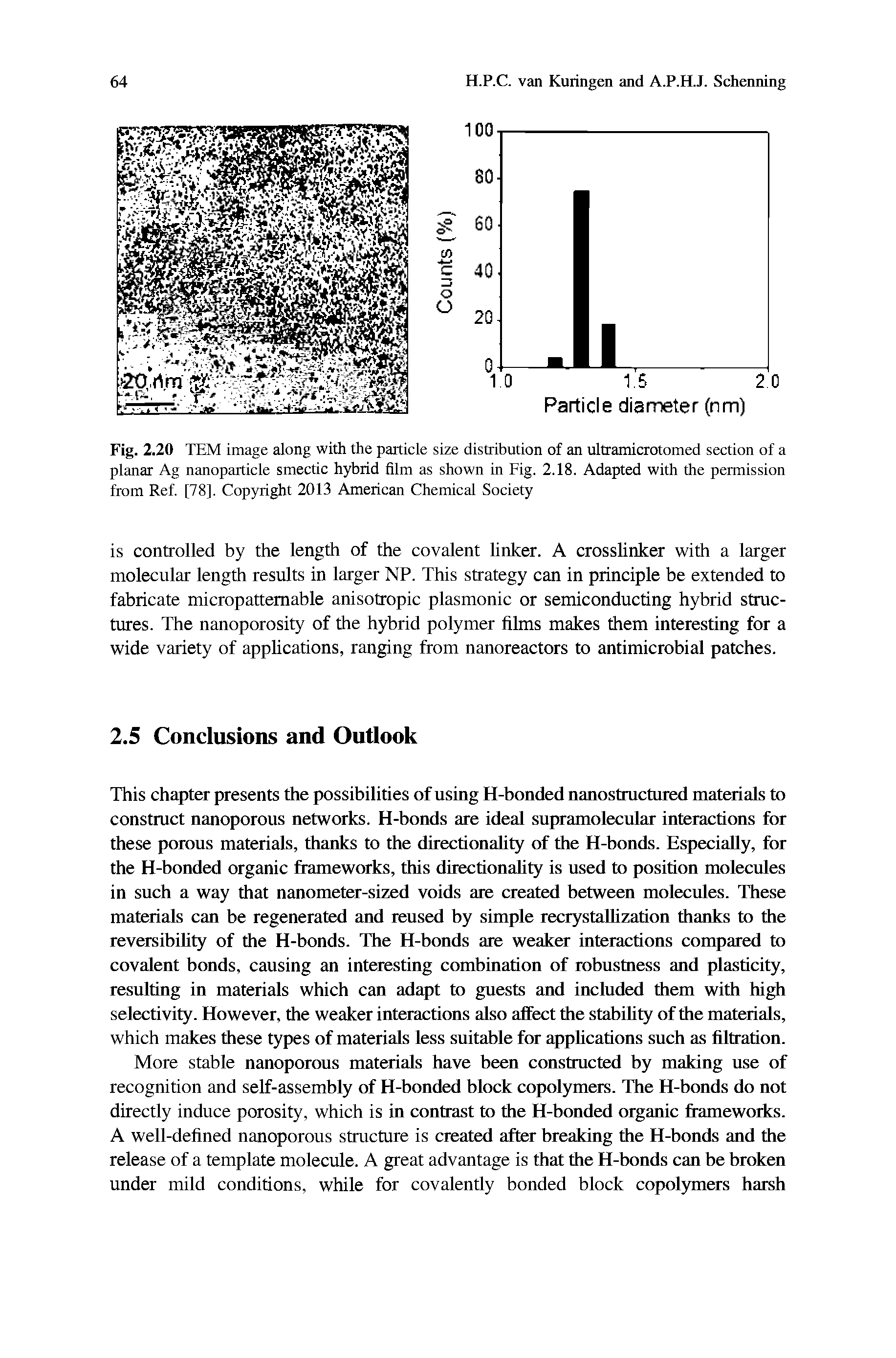 Fig. 2.20 TEM image along with the particle size distribution of an ultramicrotomed section of a planar Ag nanoparticle smectic hybrid film as shown in Fig. 2.18. Adapted with the permission from Ref [78]. Cop5uight 2013 American Chemical Society...