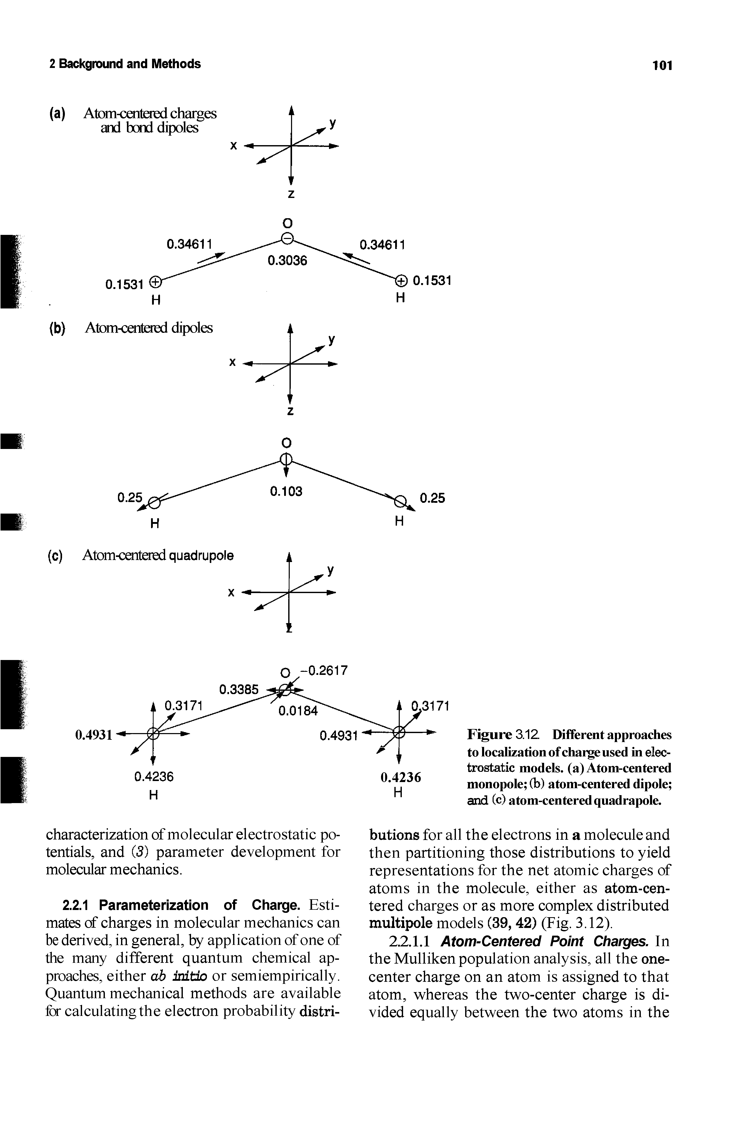 Figure 3.12. Different approaches to localization of chaigeused in electrostatic models, (a) Atom-centered monopole (b) atom-centered dipole and (c) atom-centered quadrapole.