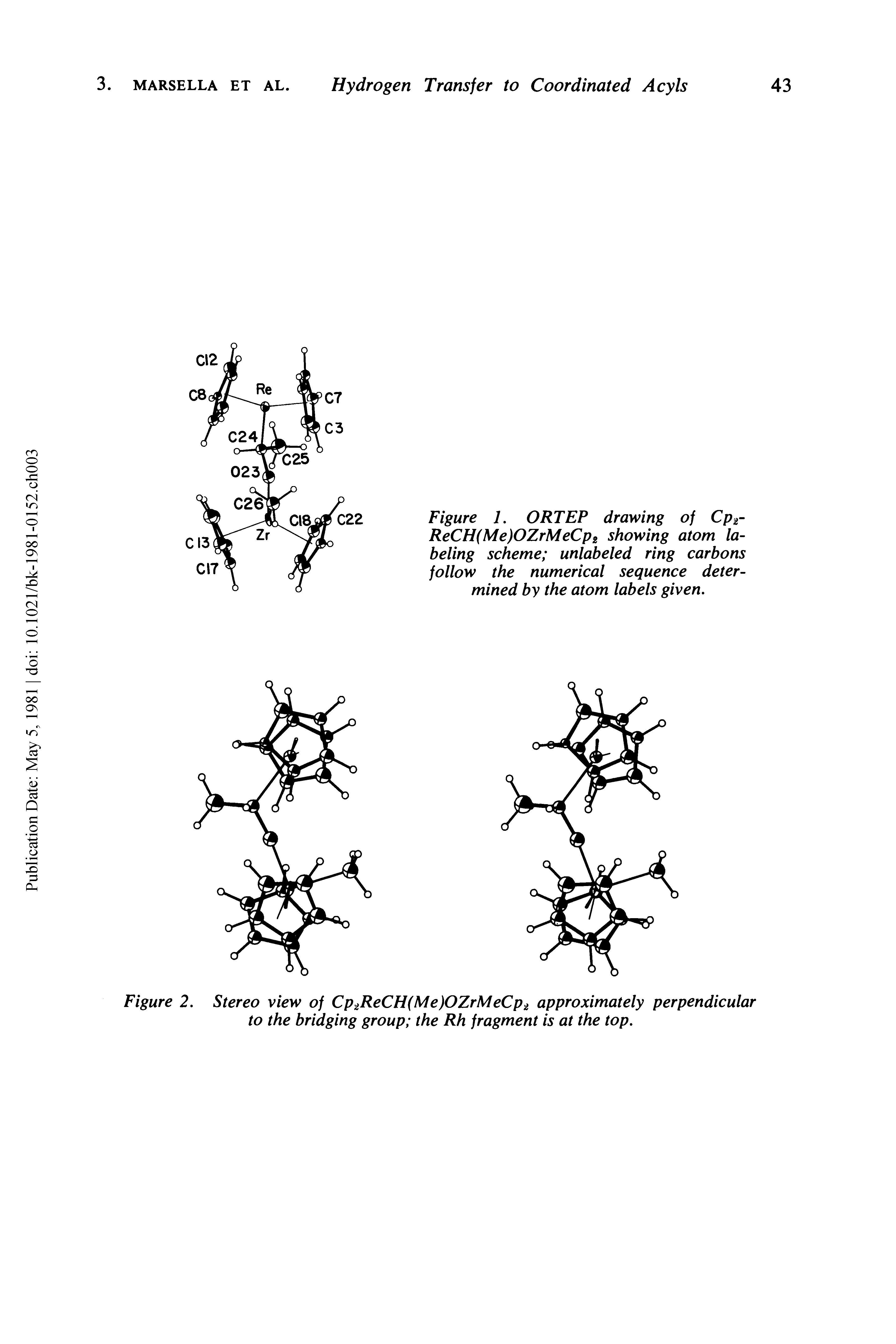 Figure 1. ORTEP drawing of Cp2-ReCH(Me)OZrMeCp2 showing atom labeling scheme unlabeled ring carbons follow the numerical sequence determined by the atom labels given.