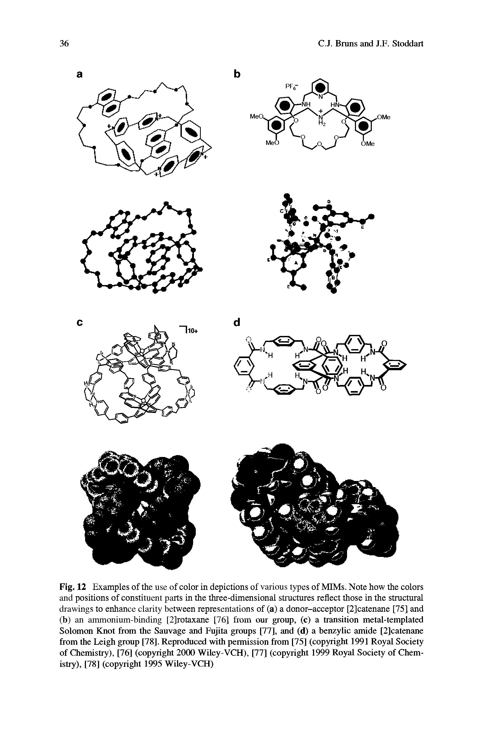 Fig. 12 Examples of the use of color in depictions of various types of MIMs. Note how the colors and positions of constituent parts in the three-dimensional structures reflect those in the structural drawings to enhance clarity between representations of (a) a donor-acceptor [2]catenane [75] and (b) an ammonium-binding [2]rotaxane [76] from our group, (c) a transition metal-templated Solomon Knot from the Sauvage and Fujita groups [77], and (d) a benzylic amide [2]catenane from the Leigh group [78]. Reproduced with permission from [75] (copyright 1991 Royal Society of Chemistry), [76] (copyright 2000 Wiley-VCH), [77] (copyright 1999 Royal Society of Chemistry), [78] (copyright 1995 Wiley-VCH)...