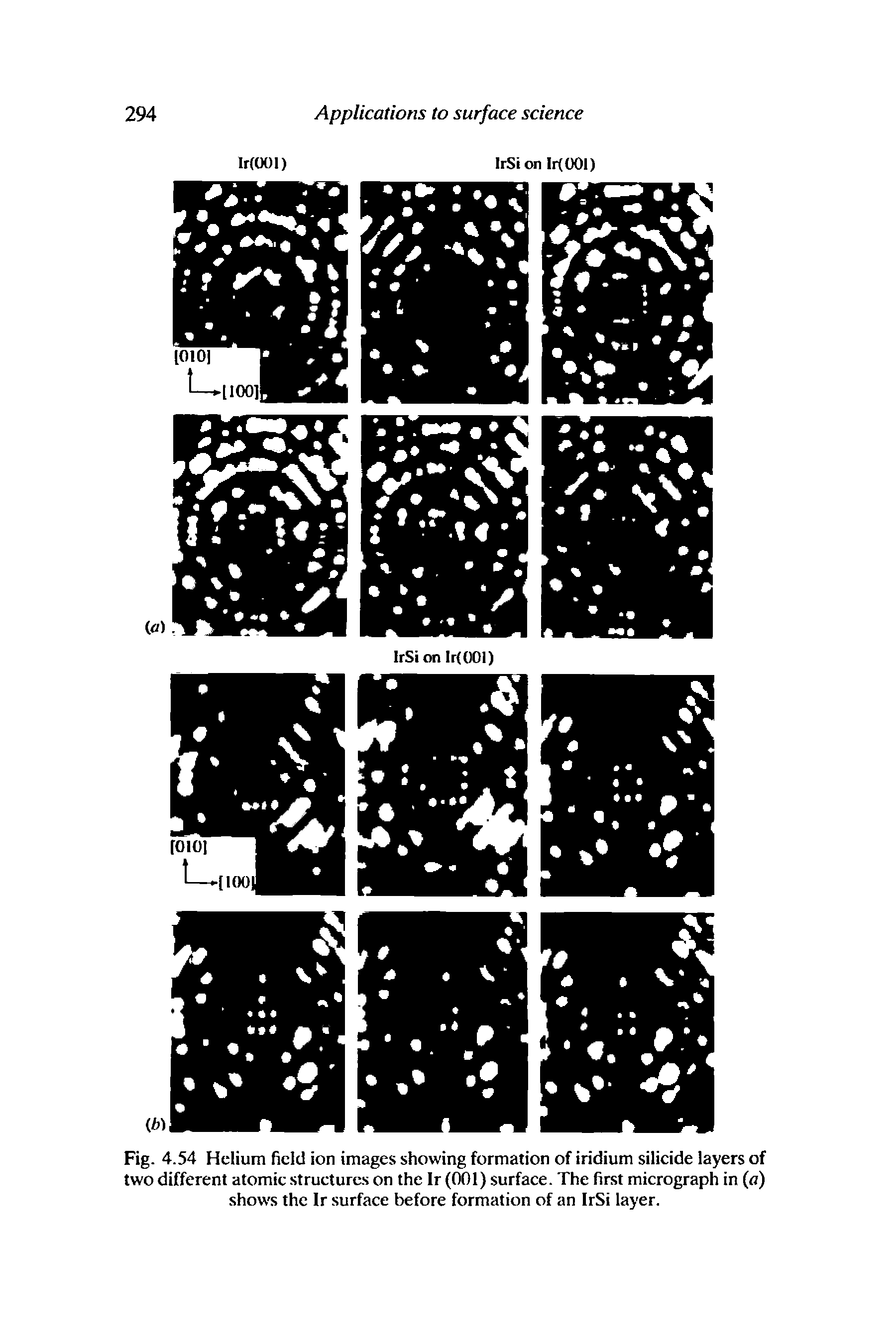 Fig. 4. 54 Helium field ion images showing formation of iridium silicide layers of two different atomic structures on the Ir (001) surface. The first micrograph in (a) show s the Ir surface before formation of an IrSi layer.