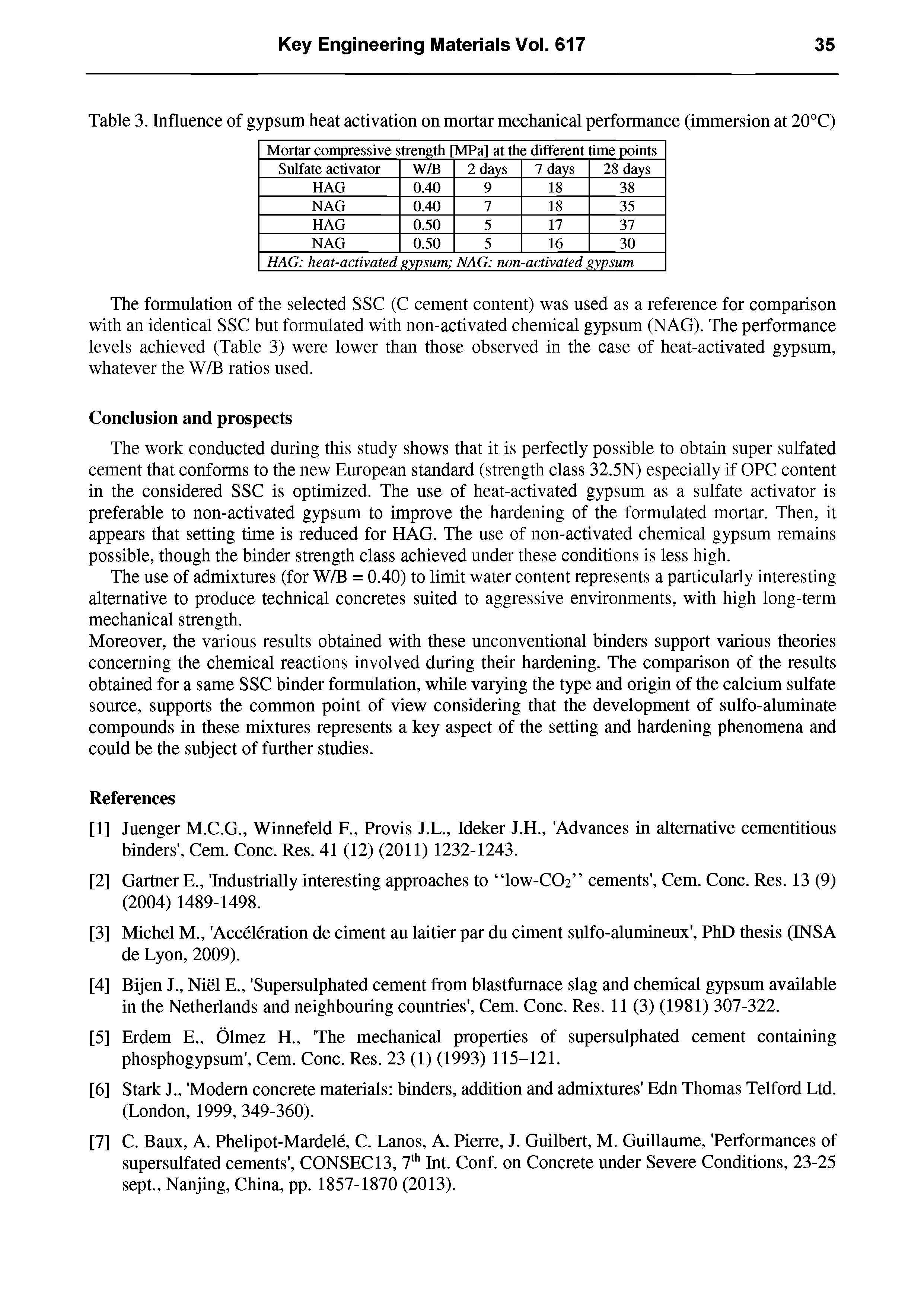 Table 3. Influence of gypsum heat activation on mortar mechanical performance (immersion at 20°C)...