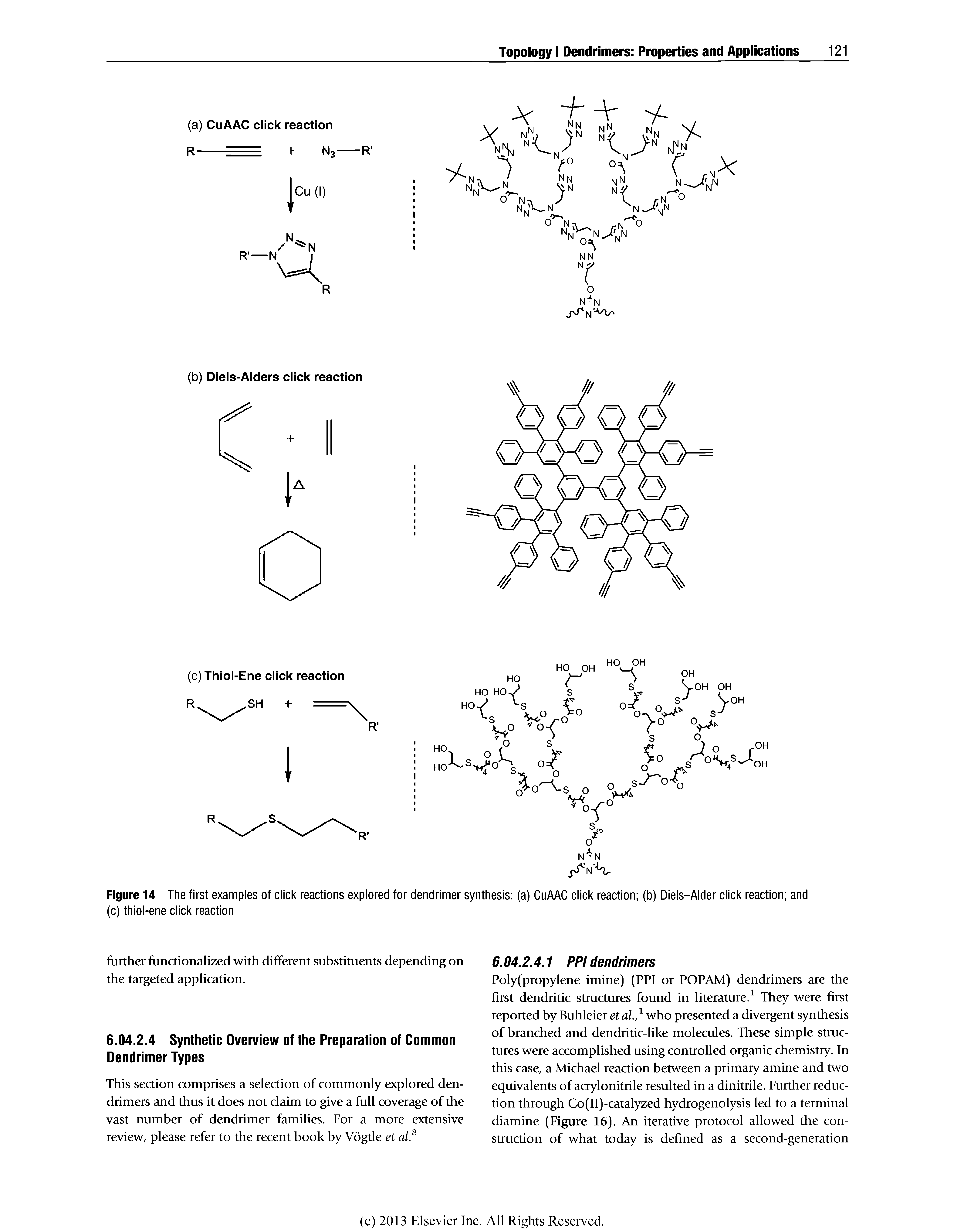 Figure 14 The first examples of click reactions explored for dendrimer synthesis (a) CuAAC click reaction (b) Diels-Alder click reaction and (c) thiol-ene click reaction...