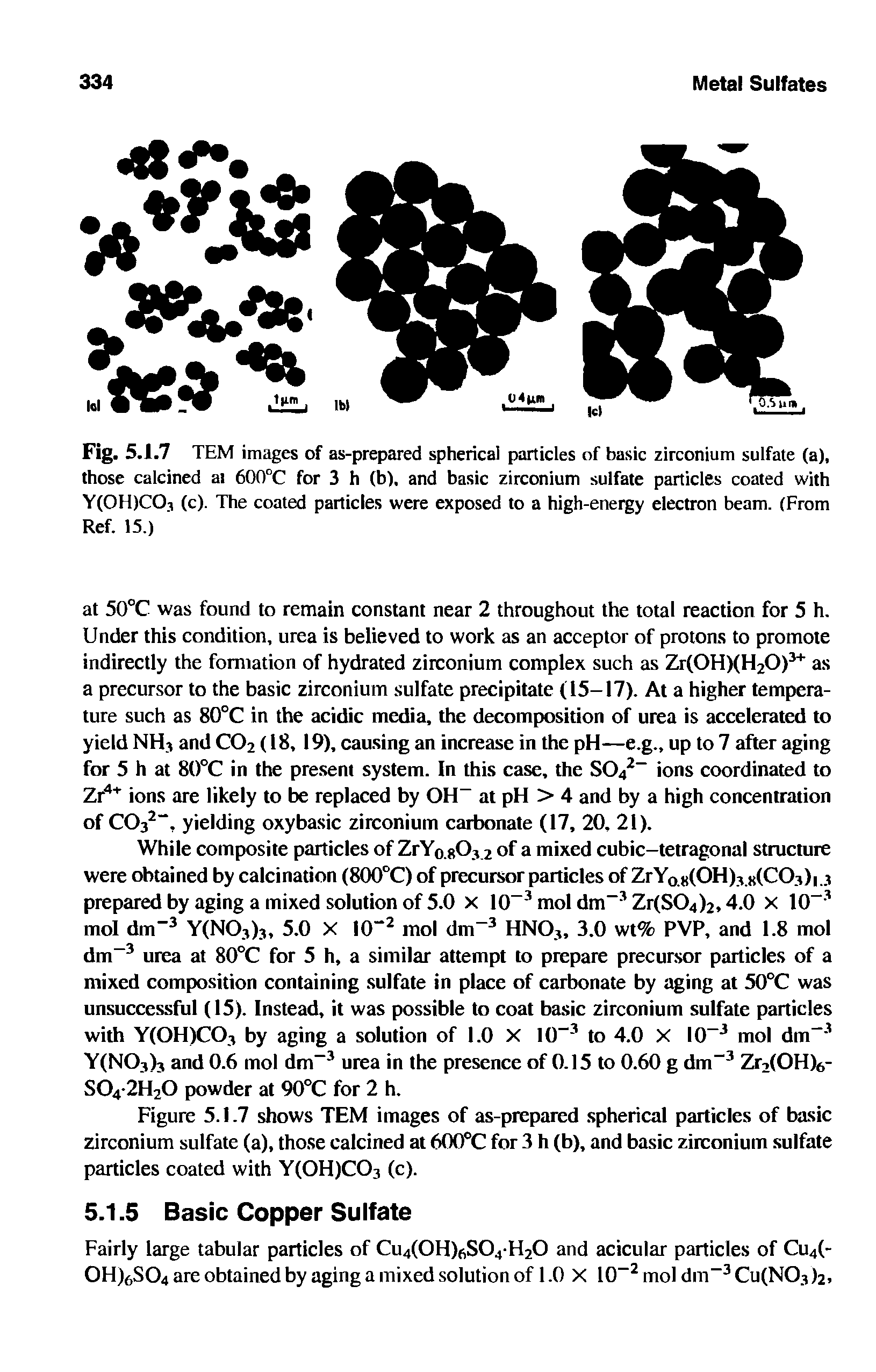 Fig. 5.1.7 TEM images of as-prepared spherical particles of basic zirconium sulfate (a), those calcined at 600°C for 3 h (b), and basic zirconium sulfate particles coated with Y(0H)C03 (c). The coated particles were exposed to a high-energy electron beam. (From Ref. 15.)...