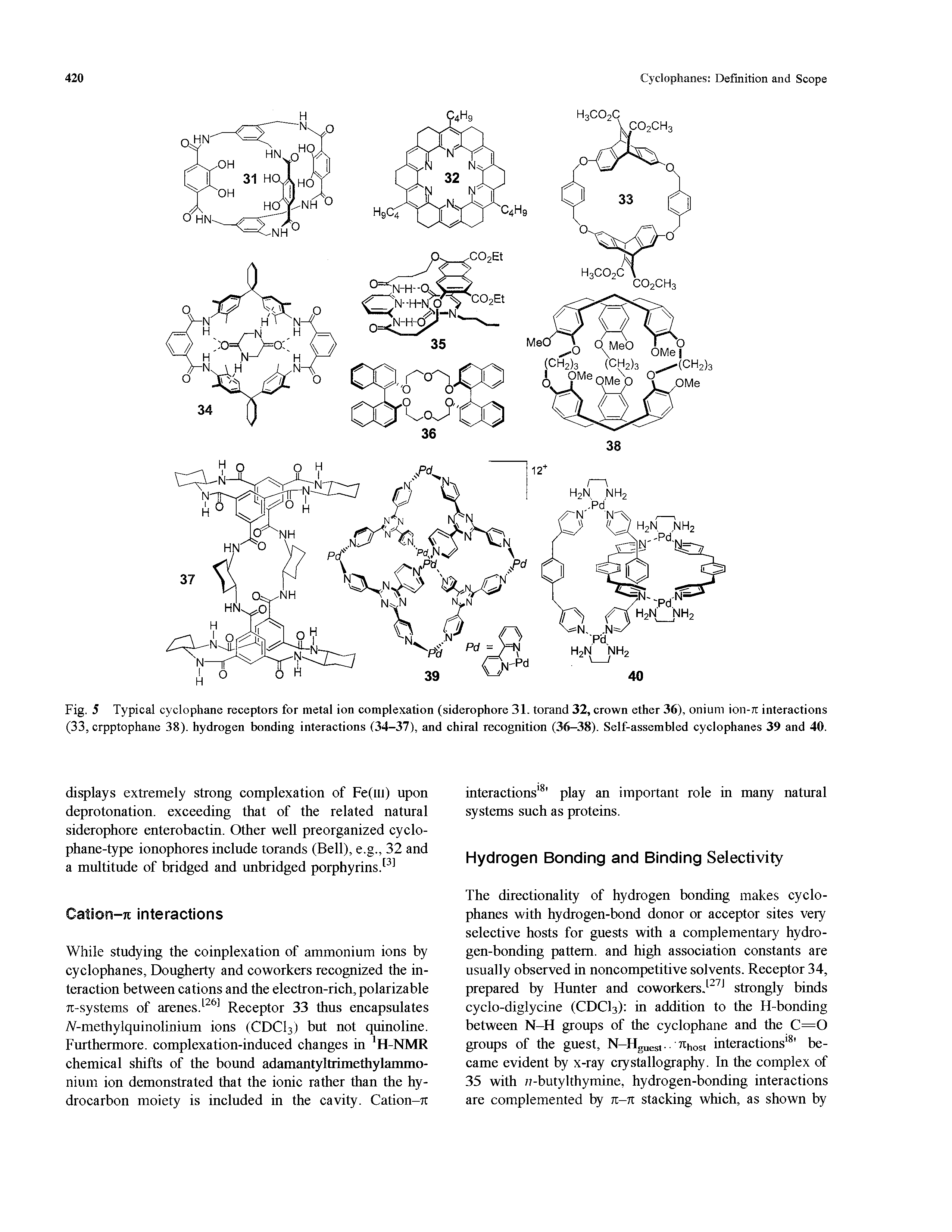 Fig. 5 Typical cyclophane receptors for metal ion complexation (siderophore 31. torand 32, crown ether 36), onium ion-rt interactions (33, crpptophane 38). hydrogen bonding interactions (34-37), and chiral recognition (36-38). Self-assembled cyclophanes 39 and 40.