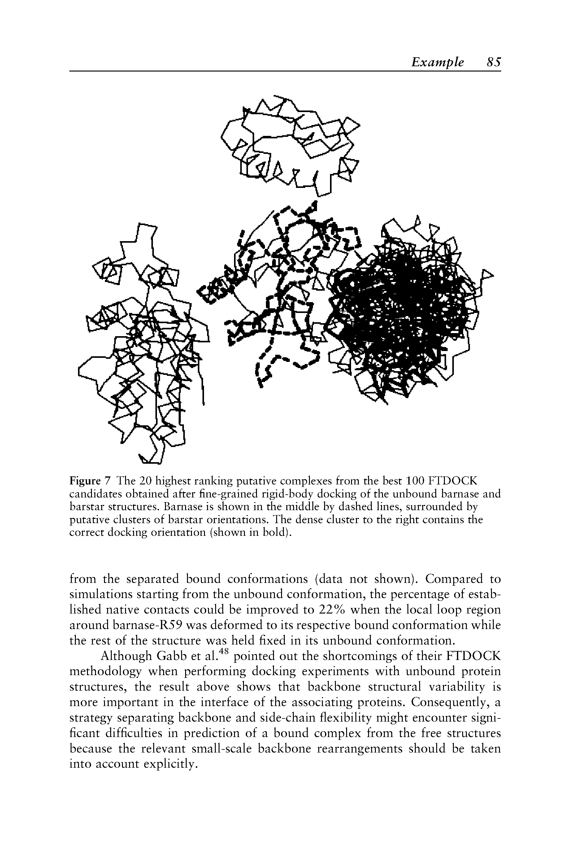 Figure 7 The 20 highest ranking putative complexes from the best 100 FTDOCK candidates obtained after fine-grained rigid-body docking of the unbound barnase and barstar structures. Barnase is shown in the middle by dashed lines, surrounded by putative clusters of barstar orientations. The dense cluster to the right contains the correct docking orientation (shown in bold).