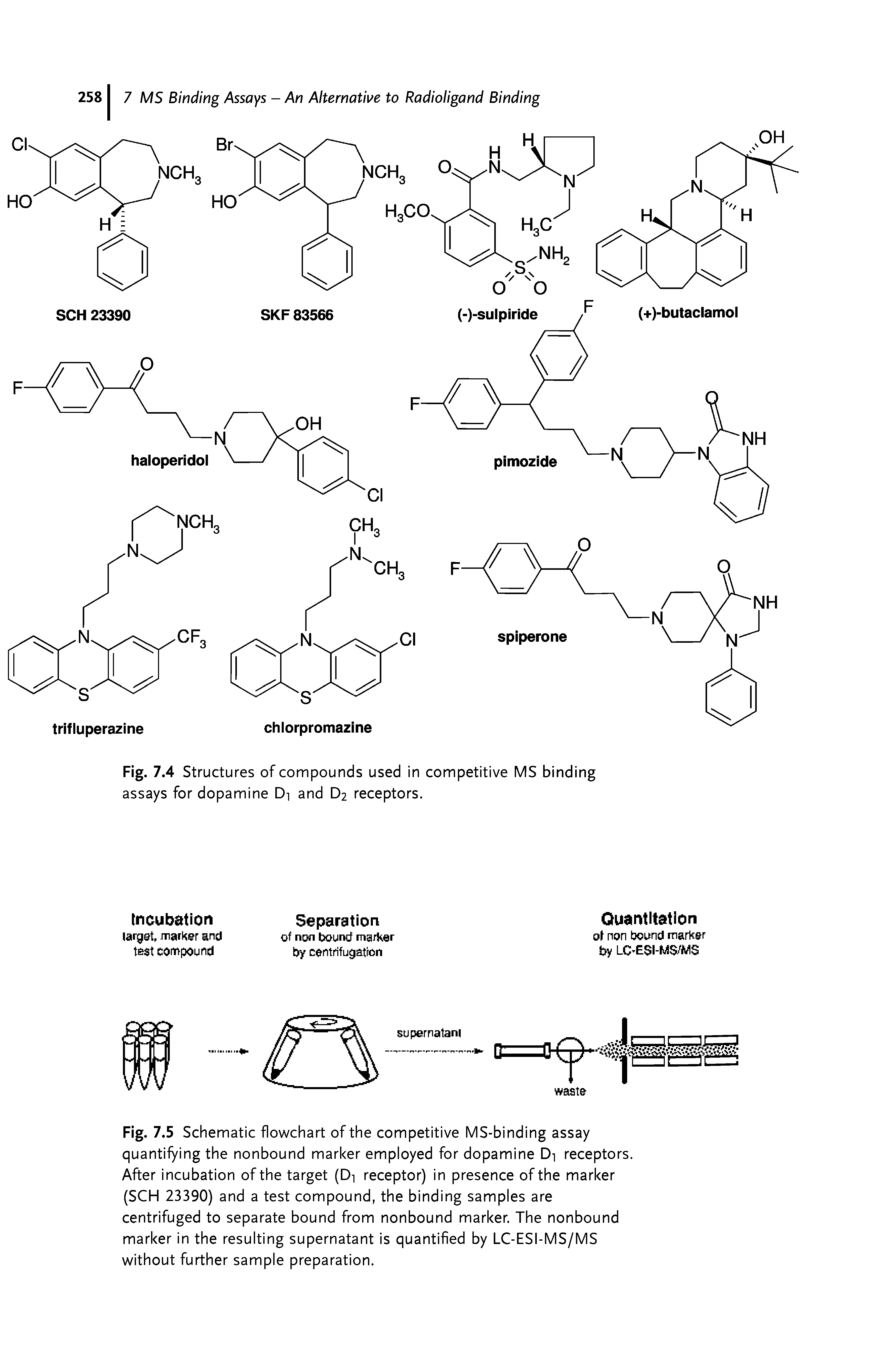 Fig. 7.5 Schematic flowchart of the competitive MS-binding assay quantifying the nonbound marker employed for dopamine Di receptors. After incubation of the target (Di receptor) in presence of the marker (SCH 23390) and a test compound, the binding samples are centrifuged to separate bound from nonbound marker. The nonbound marker in the resulting supernatant is quantified by LC-ESI-MS/MS without further sample preparation.