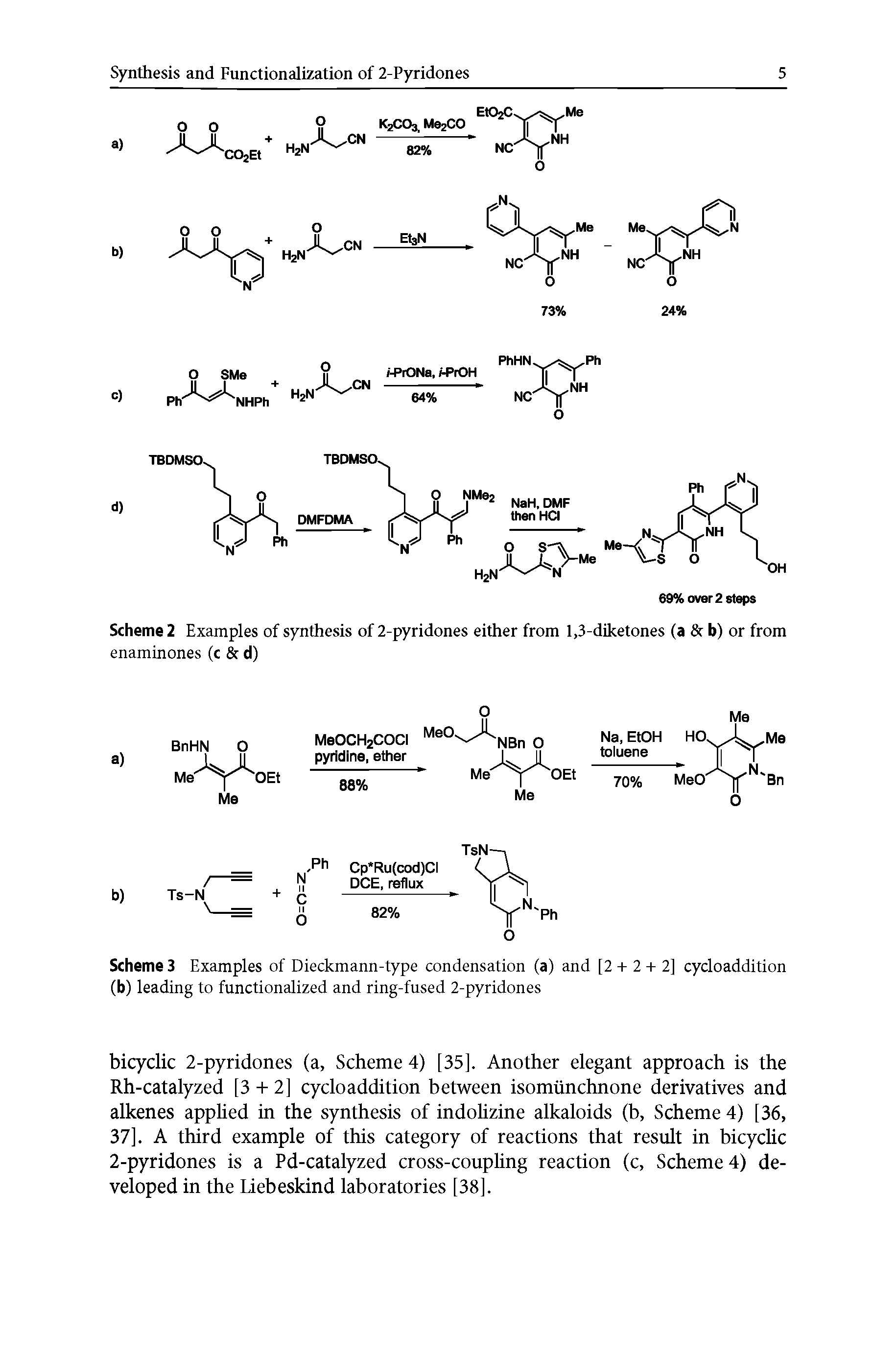 Scheme 3 Examples of Dieckmann-type condensation (a) and [2 + 2 + 2] cycloaddition (b) leading to functionalized and ring-fused 2-pyridones...