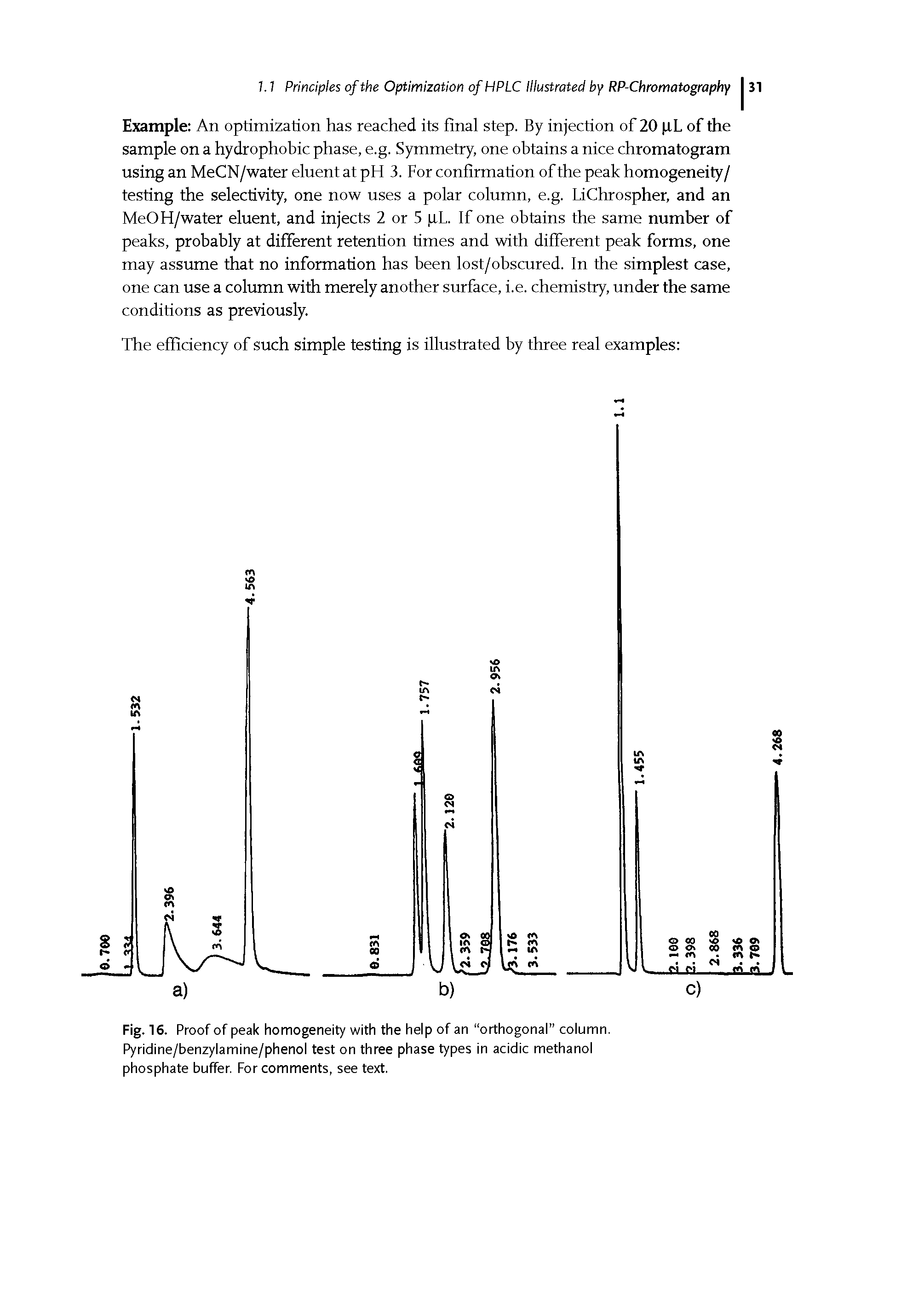 Fig. 16. Proof of peak homogeneity with the help of an orthogonal" column. Pyridine/benzylamine/phenol test on three phase types in acidic methanol phosphate buffer. For comments, see text.
