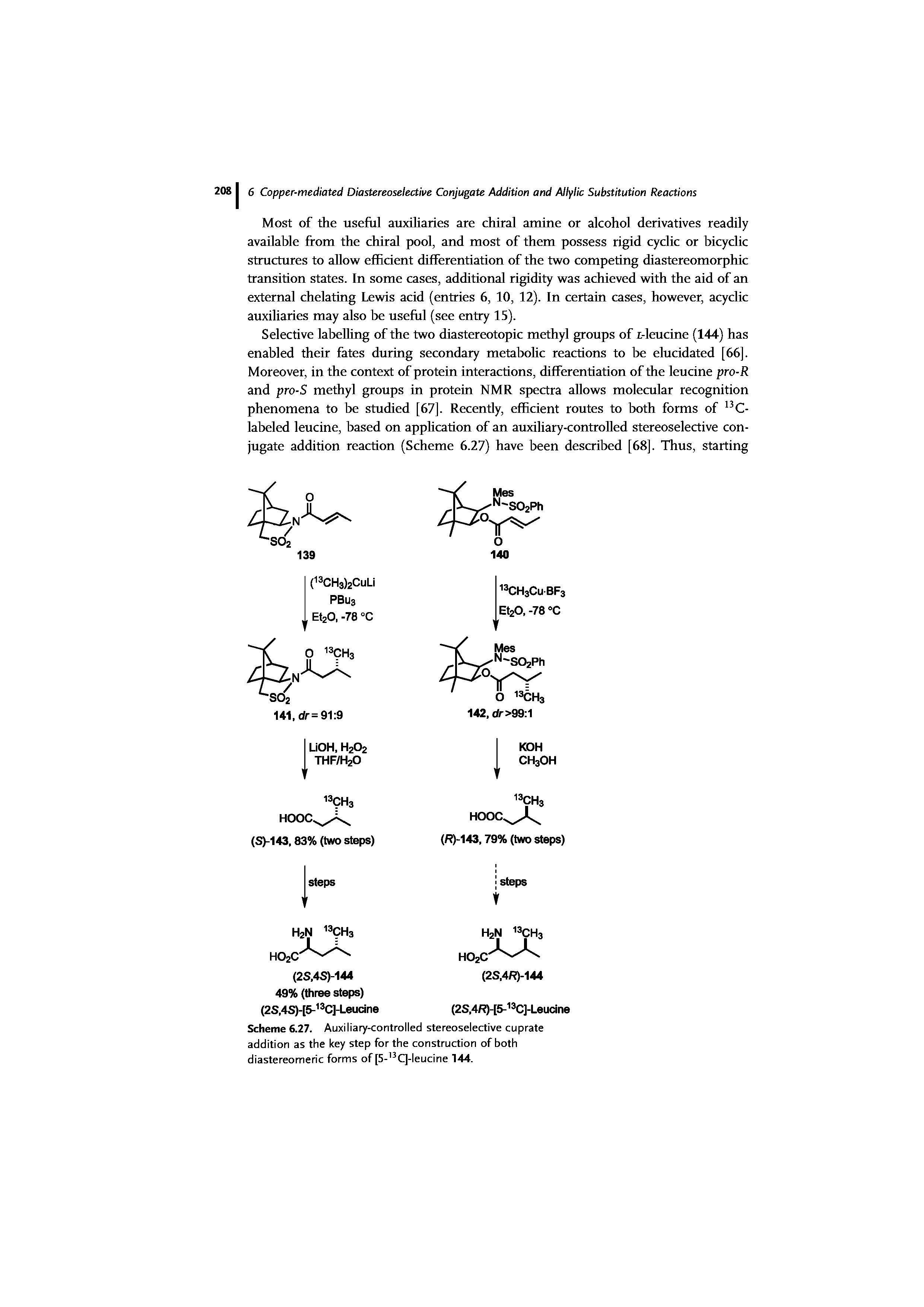 Scheme 6.27. Auxiliary-controlled stereoselective cuprate addition as the key step for the construction of both diastereomeric forms of [5-"q-leucine 144.