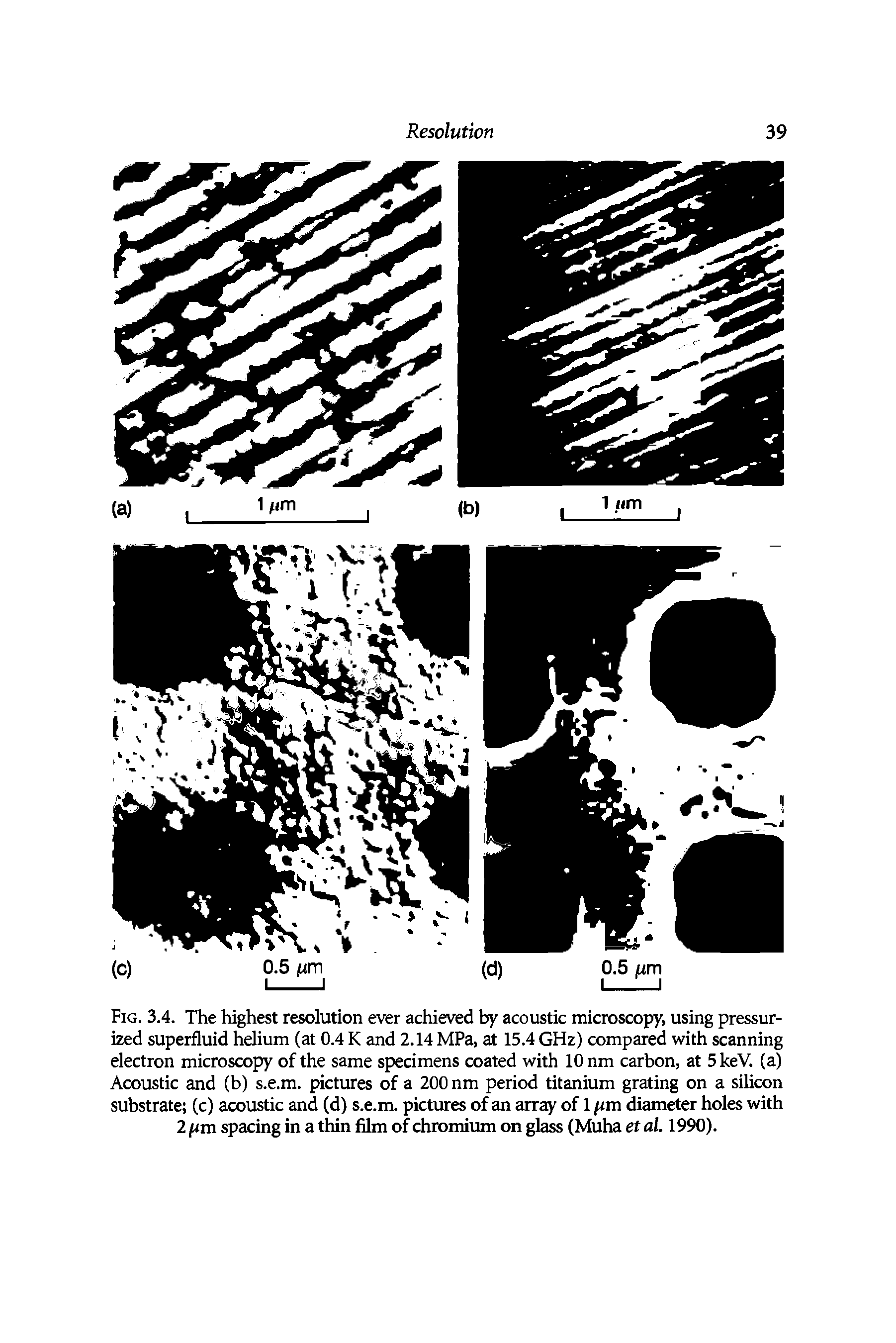 Fig. 3.4. The highest resolution ever achieved by acoustic microscopy, using pressurized superfluid helium (at 0.4 K and 2.14 MPa, at 15.4 GHz) compared with scanning electron microscopy of the same specimens coated with 10 nm carbon, at 5 keV. (a) Acoustic and (b) s.e.m. pictures of a 200 nm period titanium grating on a silicon substrate (c) acoustic and (d) s.e.m. pictures of an array of 1 [im diameter holes with 2 pm spacing in a thin film of chromium on glass (Muha et al. 1990).