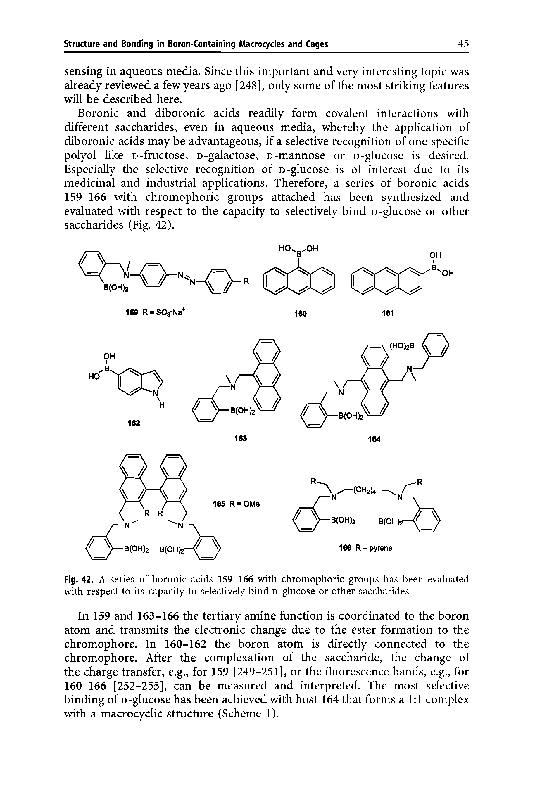 Fig. 42. A series of boronic acids 159-166 with chromophoric groups has been evaluated with respect to its capacity to selectively bind d-glucose or other saccharides...