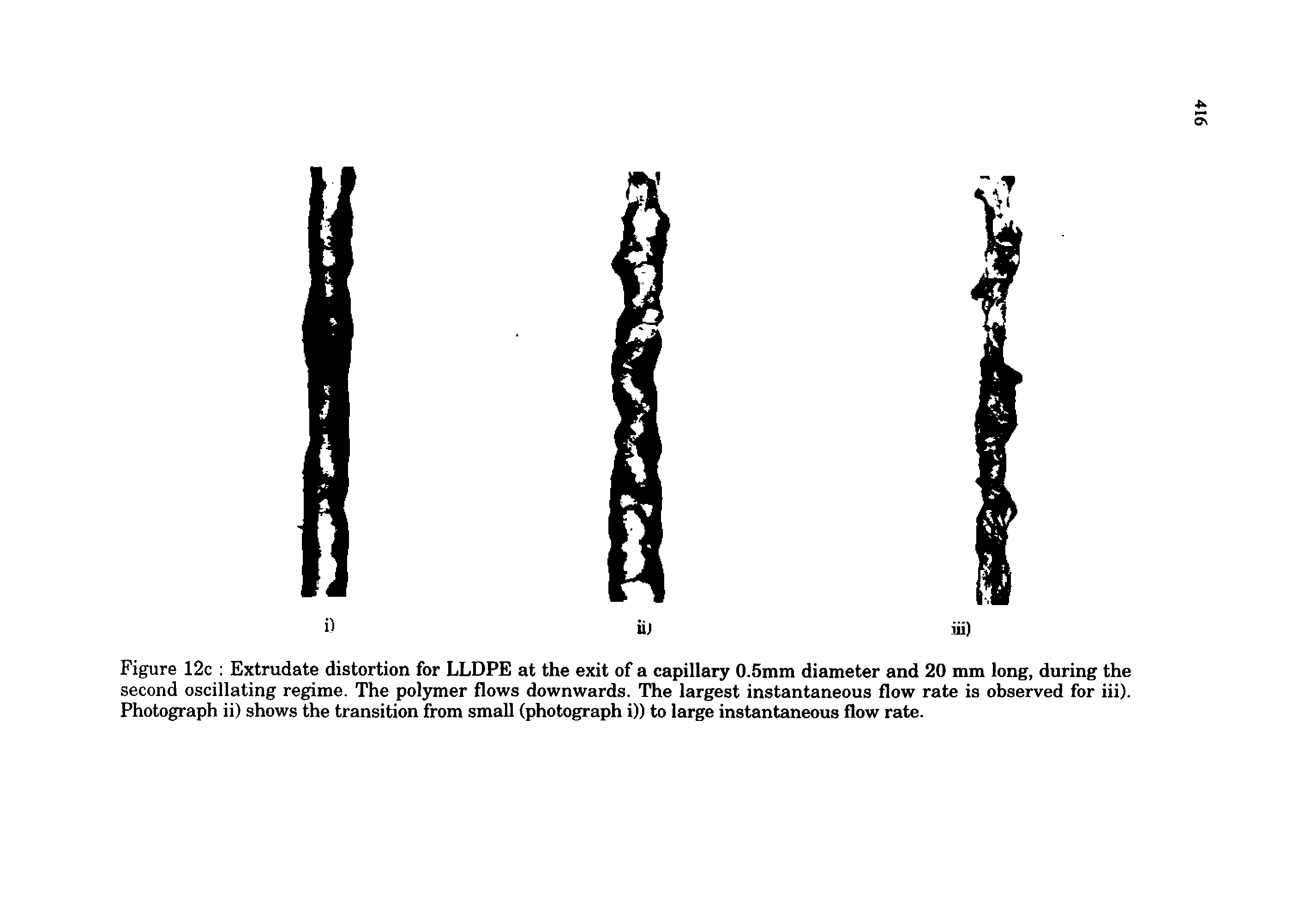 Figure 12c Extrudate distortion for LLDPE at the exit of a capillary 0.5mm diameter and 20 mm long, during the second oscillating regime. The polymer flows downwards. The largest instantaneous flow rate is observed for iii). Photograph ii) shows the transition from small (photograph i)) to large instantaneous flow rate.