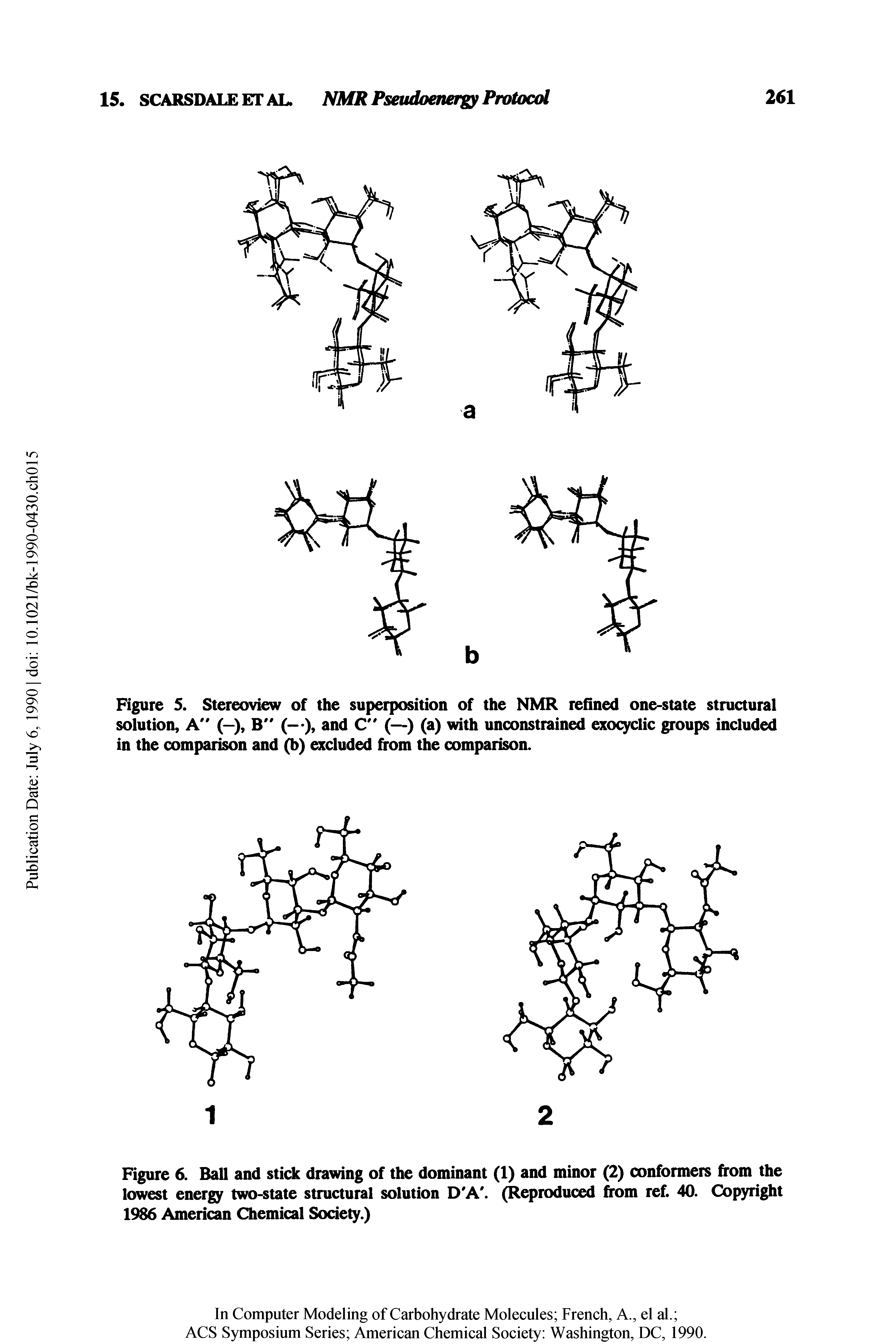 Figure 5. Stereoview of the superposition of the NMR refined one-state structural solution. A" (—), B" (- ), and C" (—) (a) with unconstrained exocyclic groups included in the comparison and (b) excluded from the comparison.