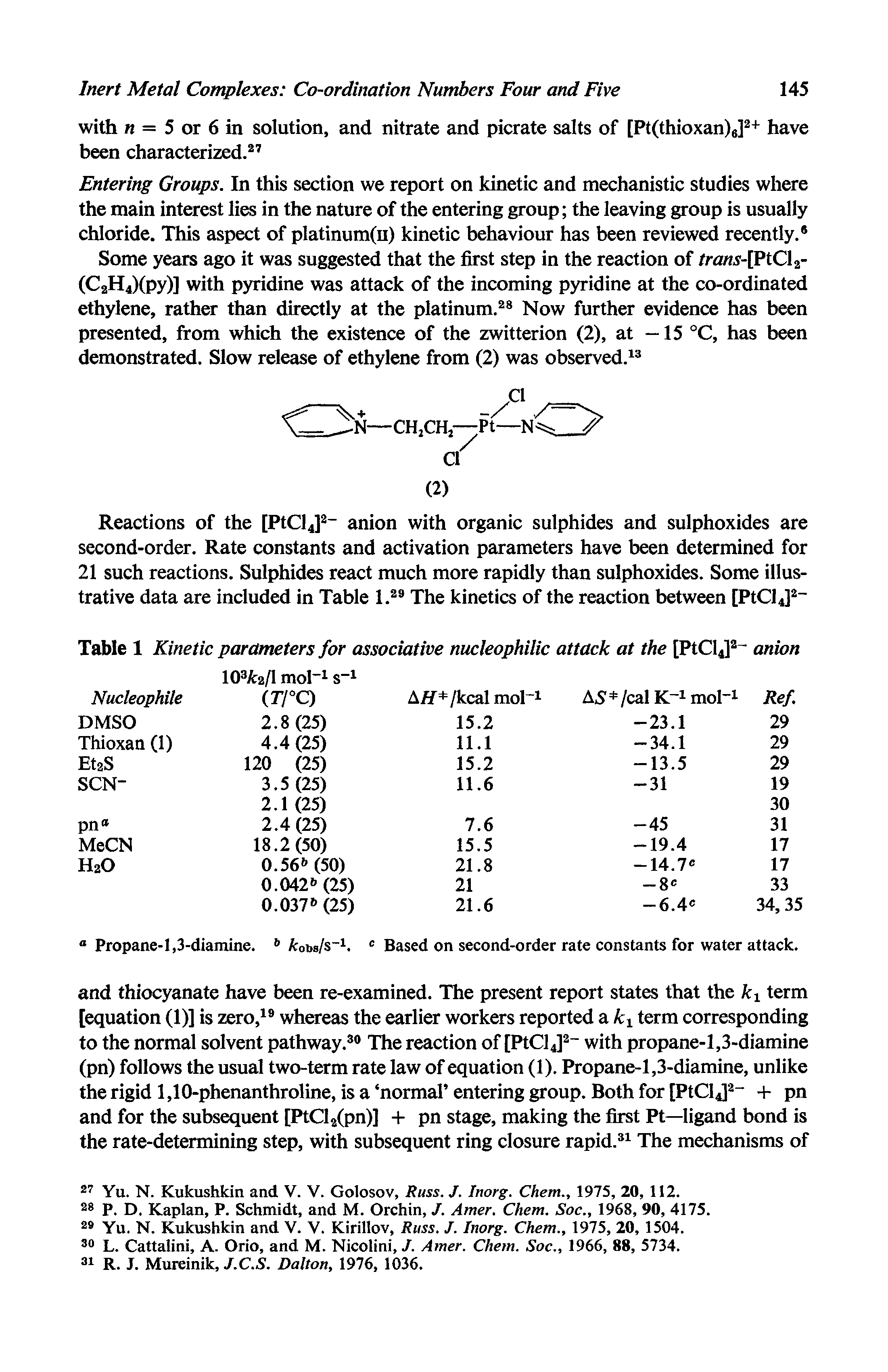 Table 1 Kinetic parameters for associative nucleophilic attack at the [PtCy anion 10 k2/l mol s ...