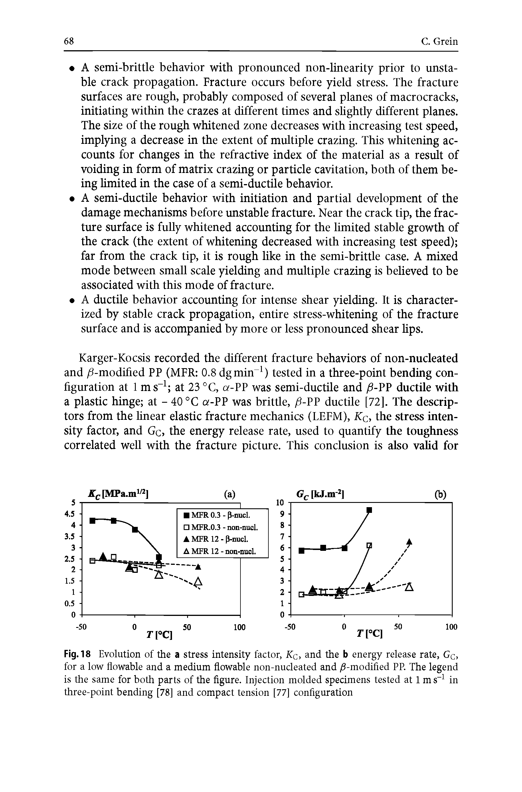 Fig. 18 Evolution of the a stress intensity factor, Kc, and the b energy release rate, Gc, for a low flowable and a medium flowable non-nucleated and /S-modified PP. The legend is the same for both parts of the figure. Injection molded specimens tested at 1 ms-1 in three-point bending [78] and compact tension [77] configuration...