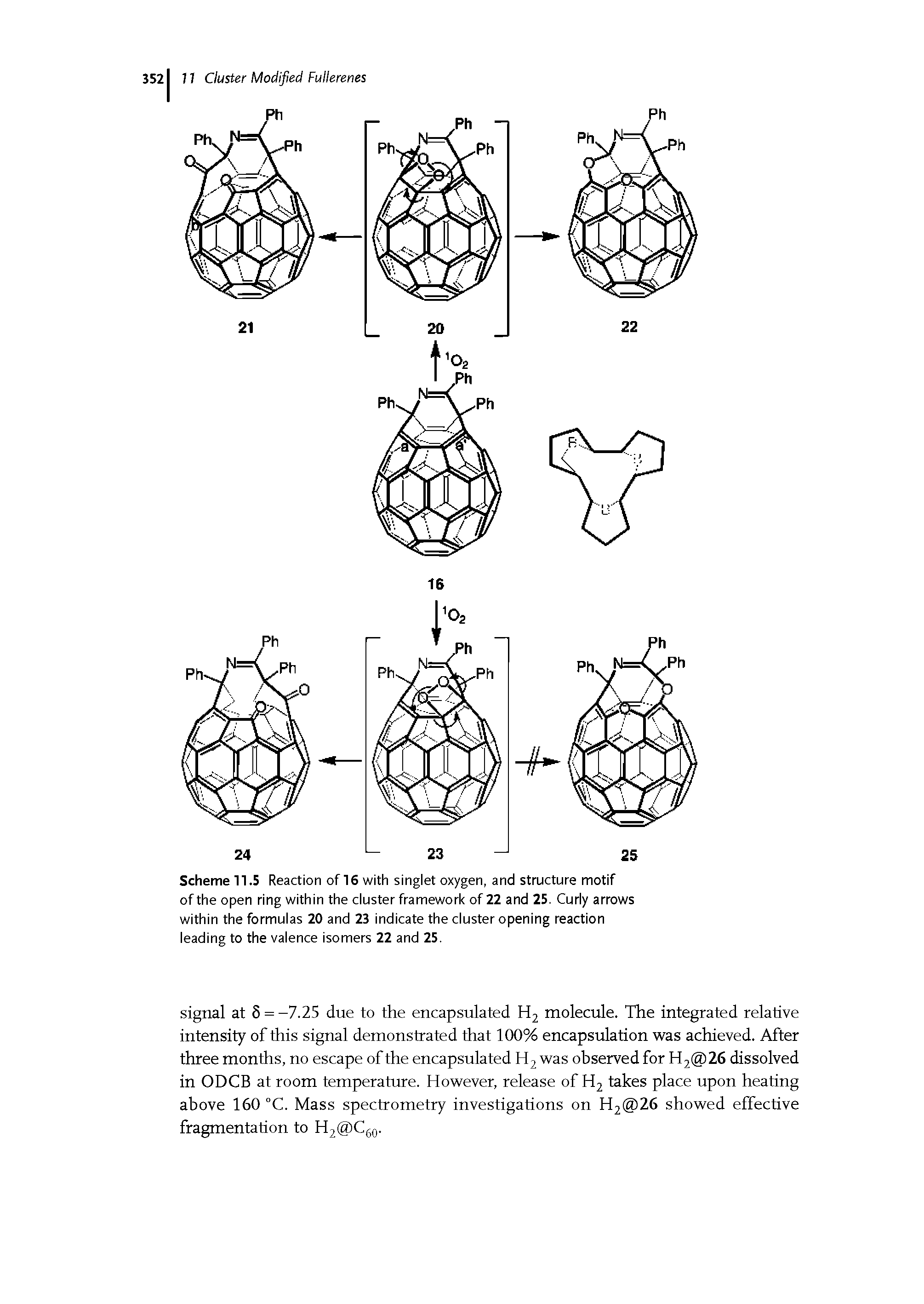 Scheme 11.5 Reaction of 16 with singlet oxygen, and structure motif of the open ring within the cluster framework of 22 and 25. Curly arrows within the formulas 20 and 23 indicate the cluster opening reaction leading to the valence isomers 22 and 25.