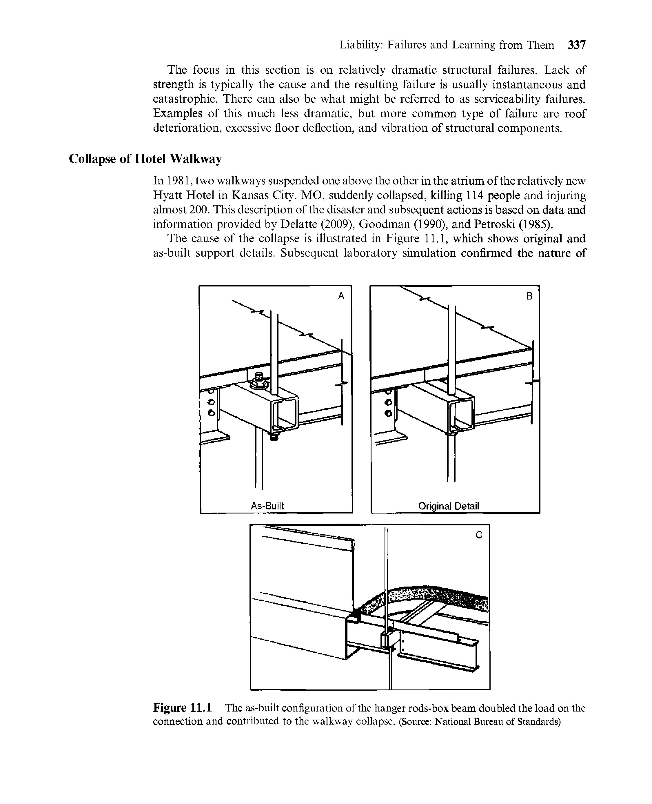 Figure 11.1 The as-built configuration of the hanger rods-box beam doubled the load on the connection and contributed to the walkway collapse. (Source National Bureau of Standards)...