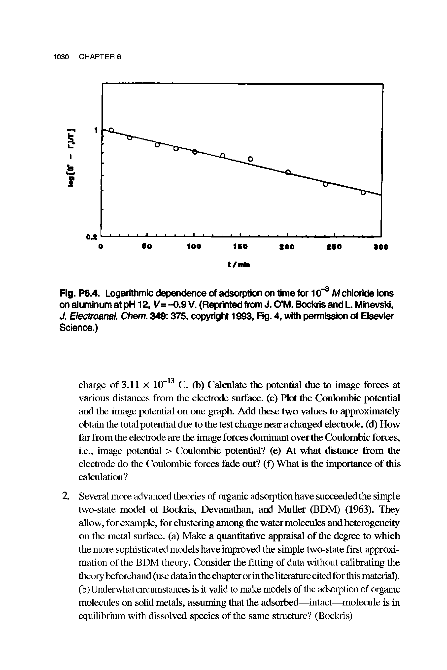 Fig. P6.4. Logarithmic dependence of adsorption on time for 10-3 M chloride ions on aluminum at pH 12, V= -0.9 V. (Reprinted from J. O M. Bockris and L. Minevski, J. Electroanal. Chem. 349 375, copyright 1993, Fig. 4, with permission of Elsevier Science.)...