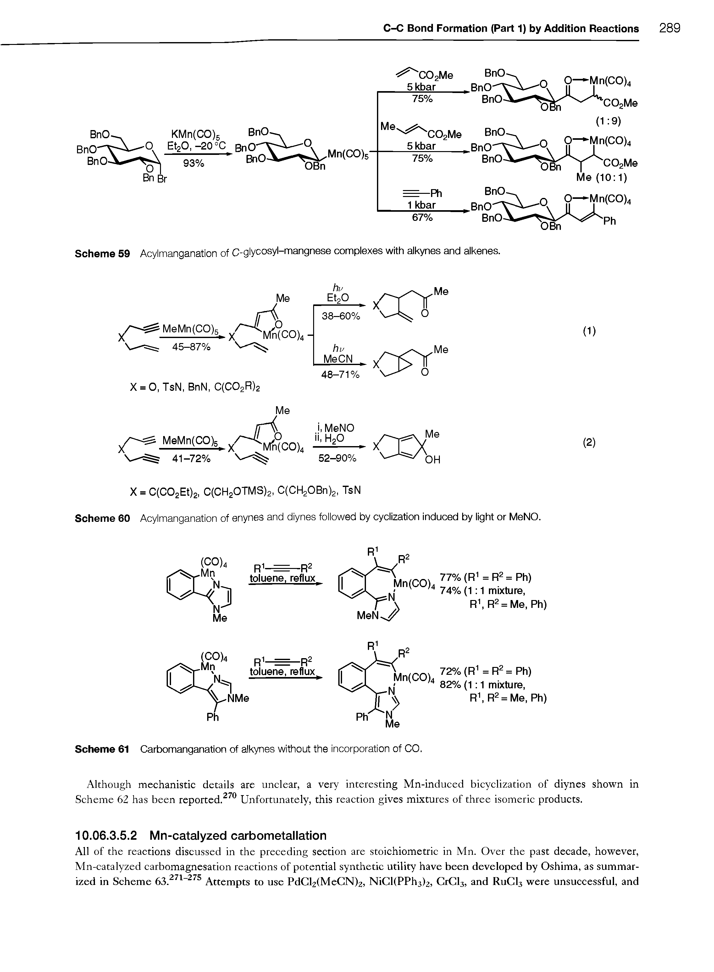 Scheme 60 Acylmanganation of enynes and diynes followed by cyclization induced by light or MeNO.