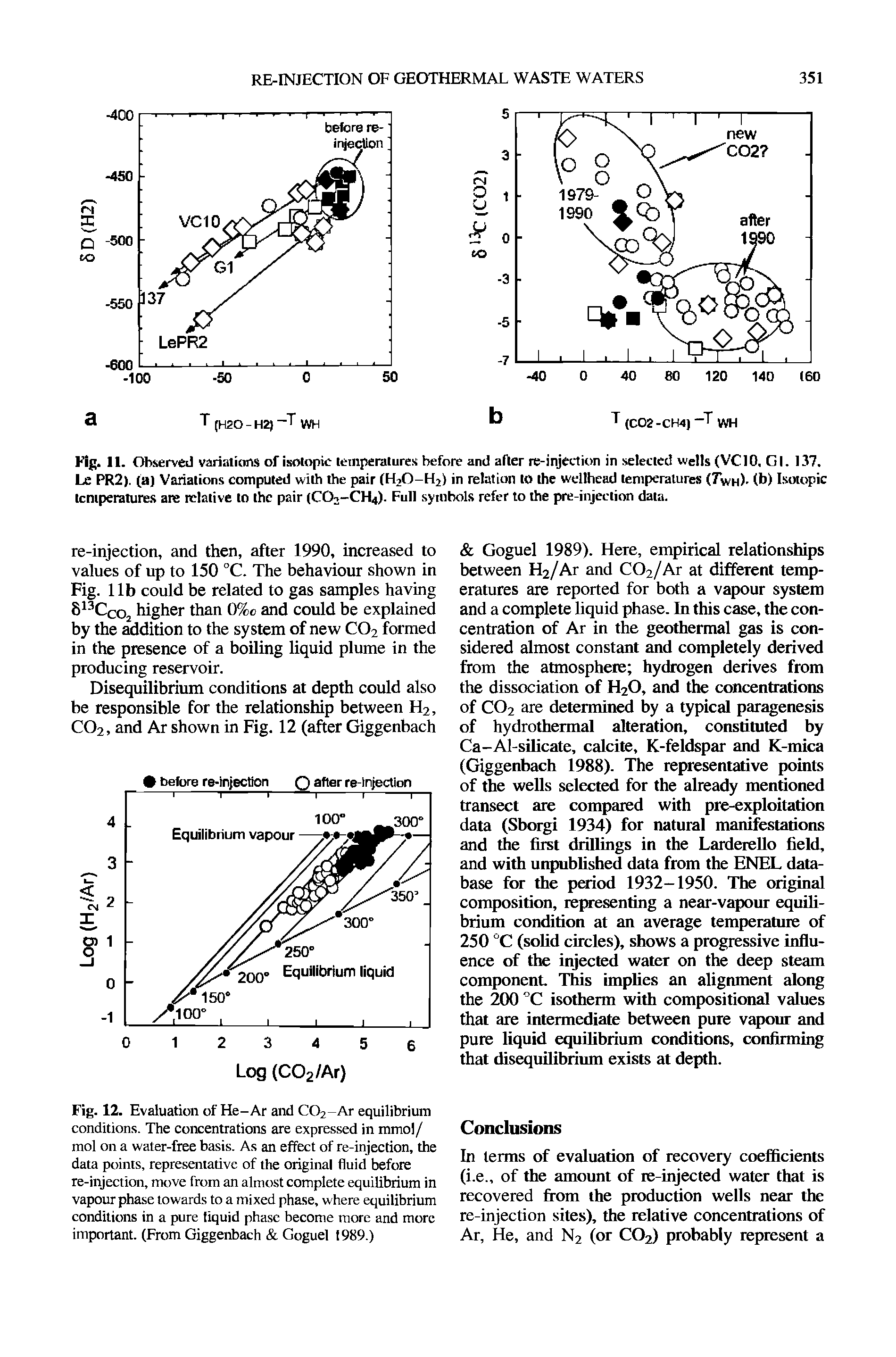 Fig. 12. Evaluation of He-Ar and C02-Ar equilibrium conditions. The concentrations are expressed in mmol/ mol on a water-free basis. As an effect of re-injection, the data points, representative of the original fluid before re-injection, move from an almost complete equilibrium in vapour phase towards to a mixed phase, where equilibrium conditions in a pure liquid phase become more and more important. (From Giggenbach Goguel 1989.)...