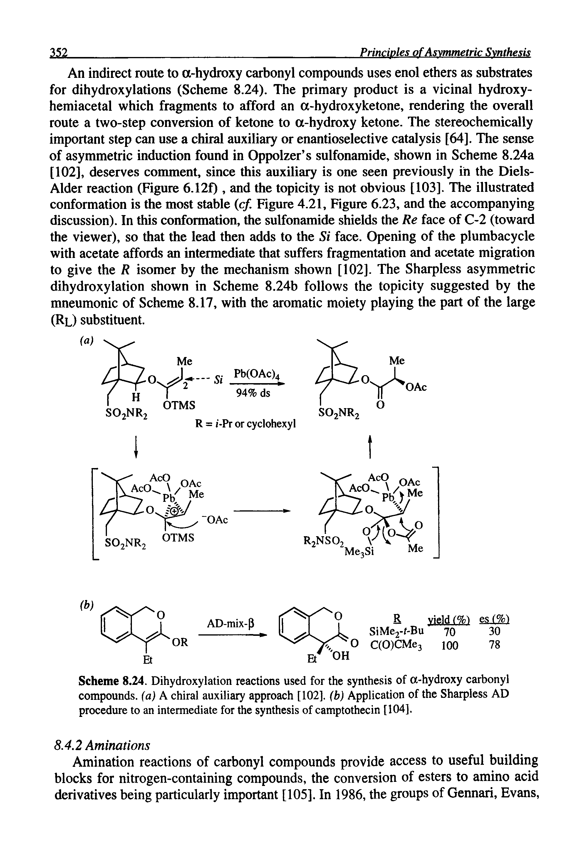 Scheme 8.24. Dihydroxylation reactions used for the synthesis of a-hydroxy carbonyl compounds, (a) A chiral auxiliary approach [102], (b) Application of the Sharpless AD procedure to an intermediate for the synthesis of camptothecin [104].