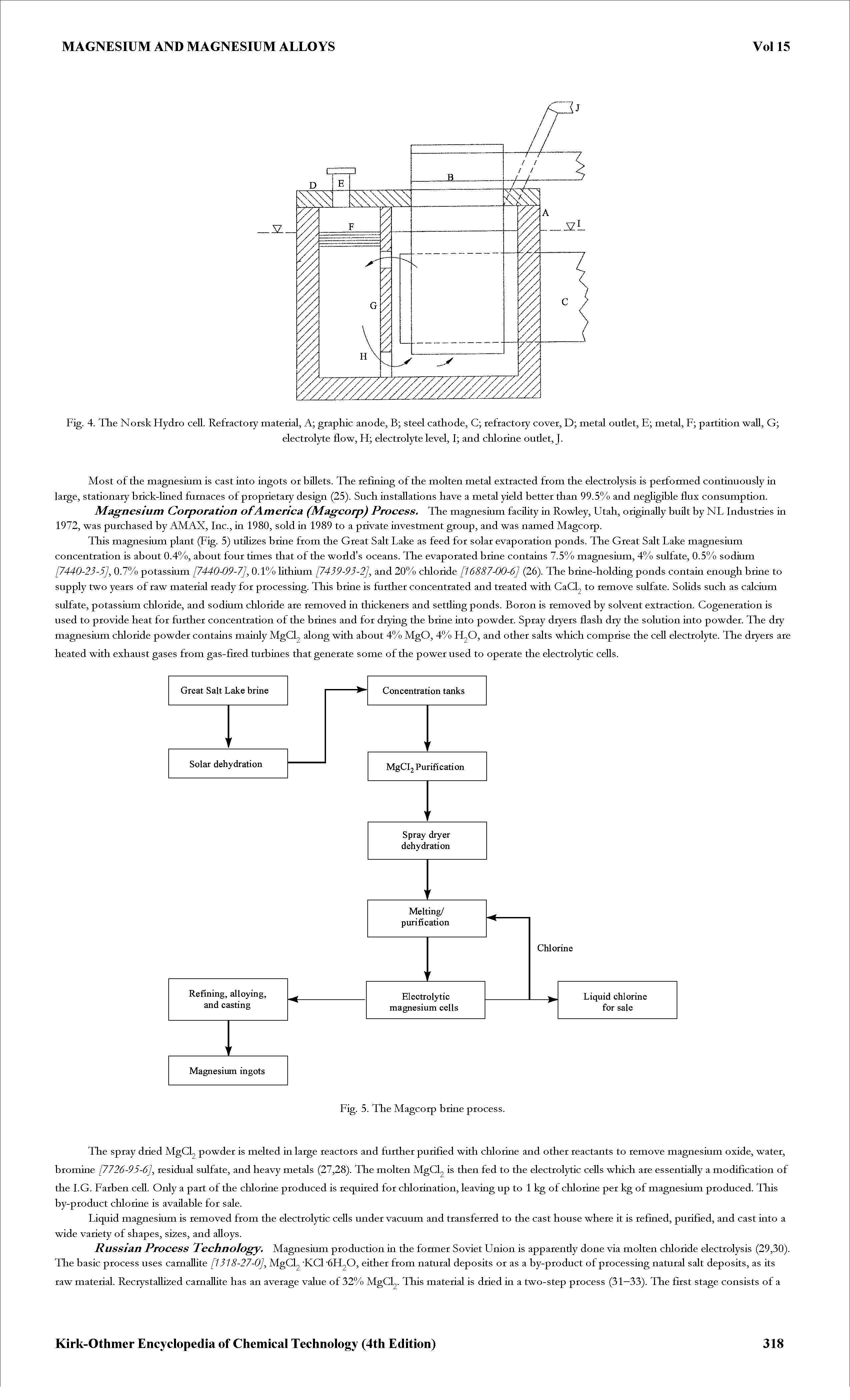 Fig. 4. The Norsk Hydro cell. Refractory material, A graphic anode, B steel cathode, C refractory cover, D metal oudet, E metal, F partition wall, G ...