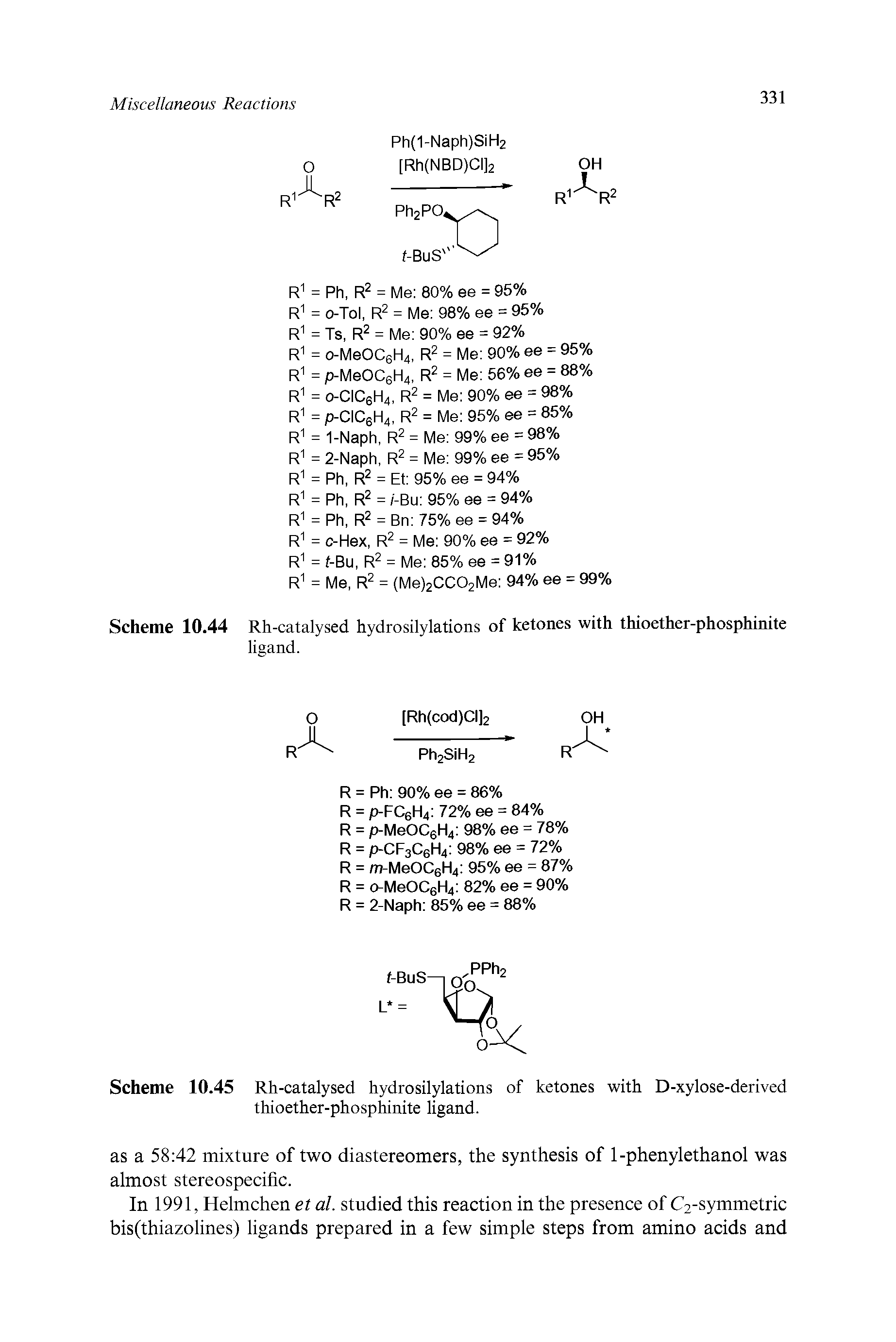 Scheme 10.45 Rh-catalysed hydrosilylations of ketones with D-xylose-derived thioether-phosphinite ligand.