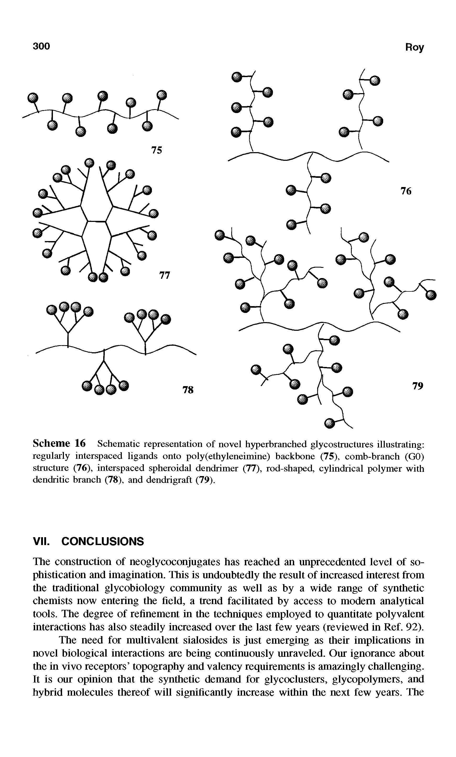 Scheme 16 Schematic representation of novel hyperbranched glycostructures illustrating regularly interspaced ligands onto poly(ethyleneimine) backbone (75), comb-branch (GO) structure (76), interspaced spheroidal dendrimer (77), rod-shaped, cylindrical polymer with dendritic branch (78), and dendrigraft (79).