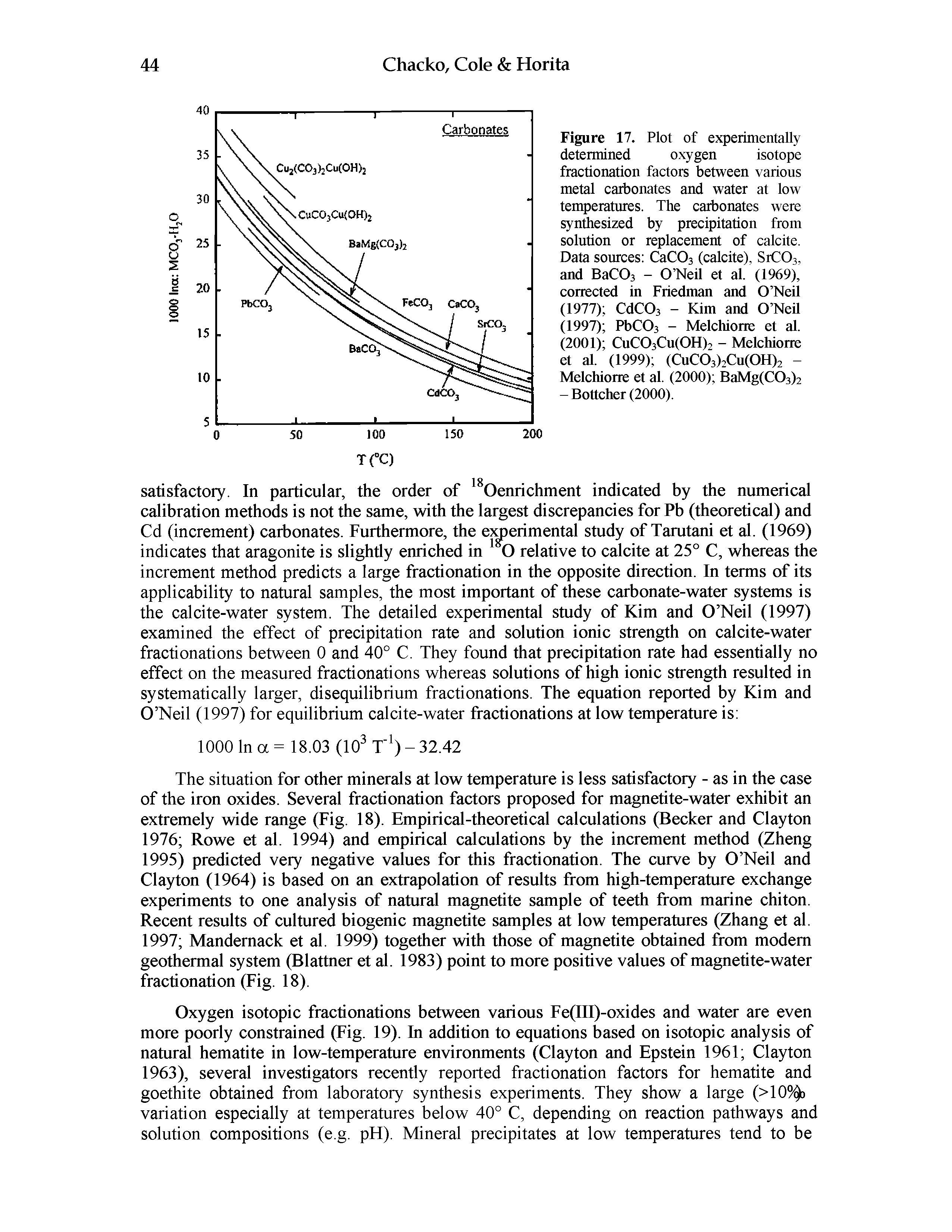 Figure 17. Plot of experimentally determined oxygen isotope fractionation factors between various metal carbonates and water at low temperatures. The carbonates were synAesized by precipitation from solution or replacement of calcite. Data sources CaCOs (calcite), SrCOs, and BaCOs - O Neil et al. (1969), corrected in Friedman and O Neil...