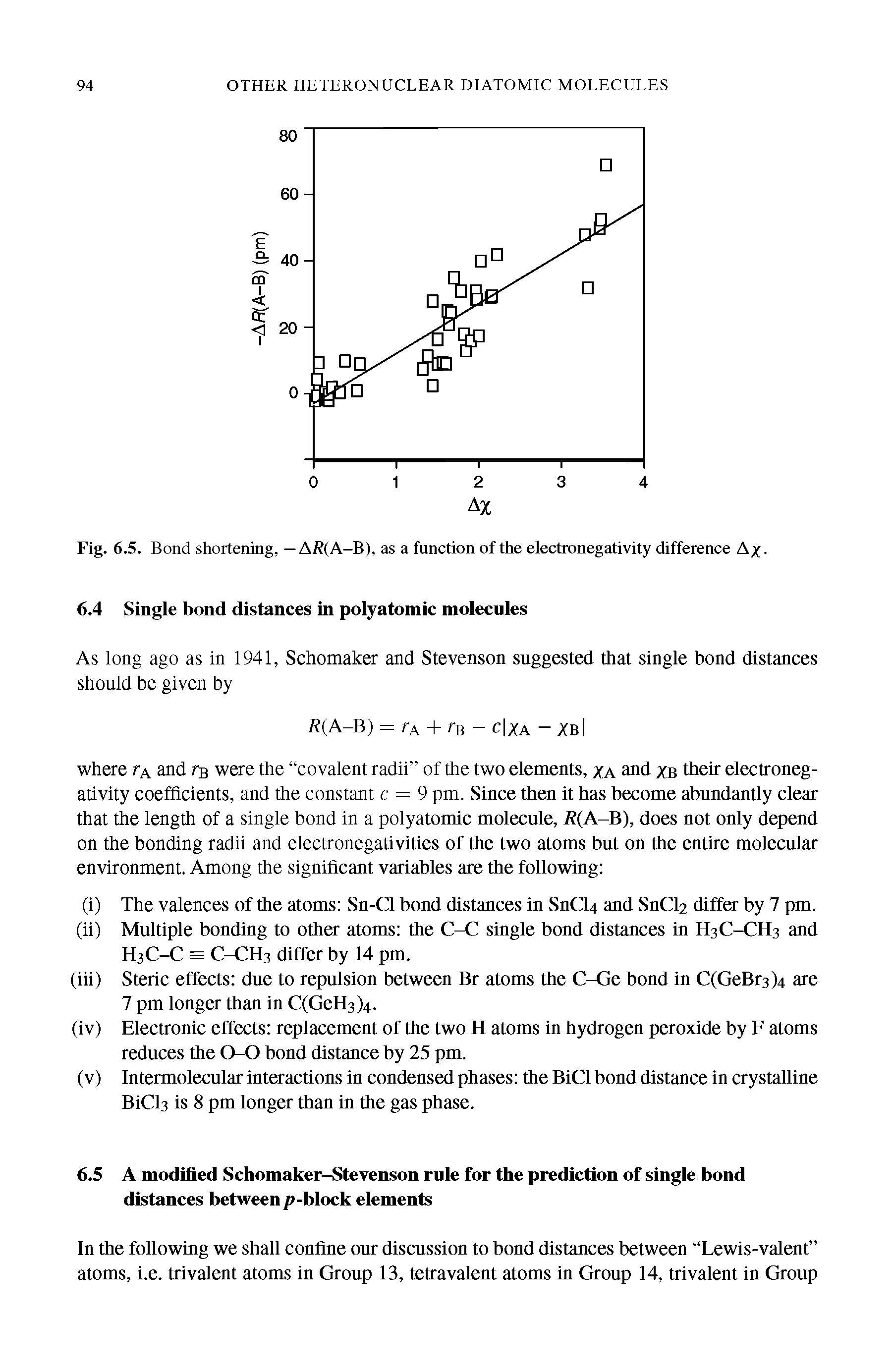 Fig. 6.5. Bond shortening, — A/J(A-B), as a function of the electronegativity difference Ax-6.4 Single bond distances in polyatomic molecules...