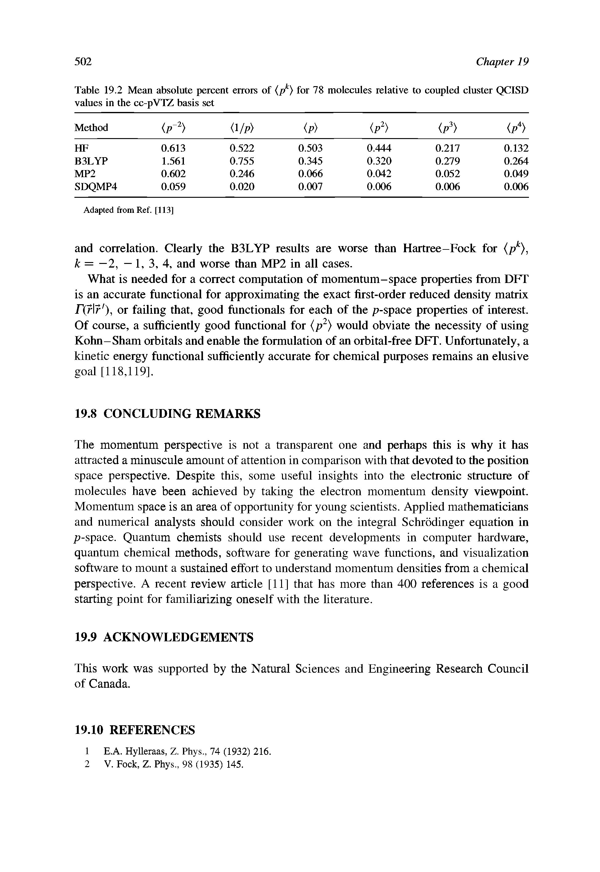 Table 19.2 Mean absolute percent errors of (p ) for 78 molecules relative to coupled cluster QCISD values in the cc-pVTZ basis set...