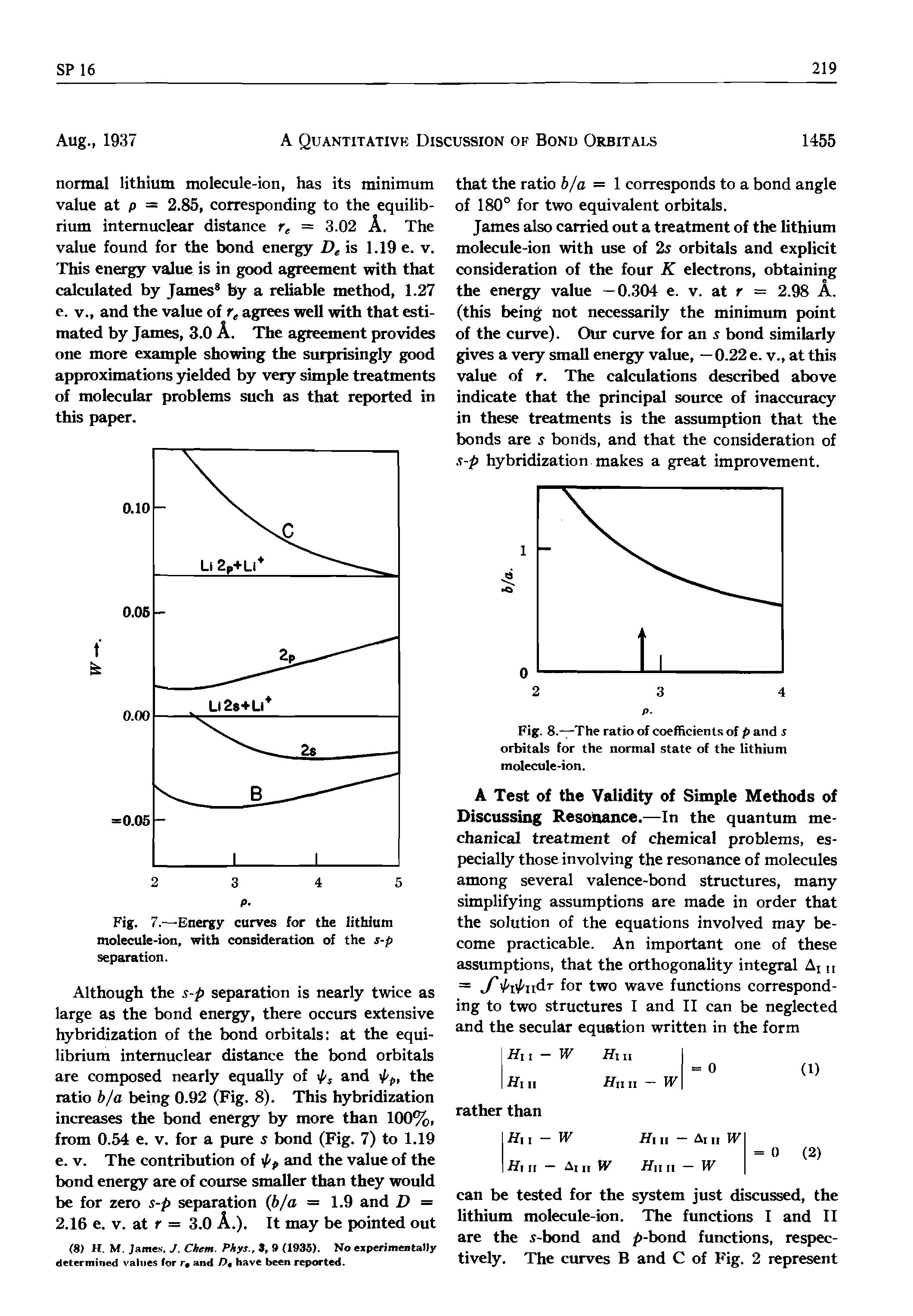 Fig. 8.—-The ratio of coefficients of p and s orbitals for the normal state of the lithium molecule-ion.