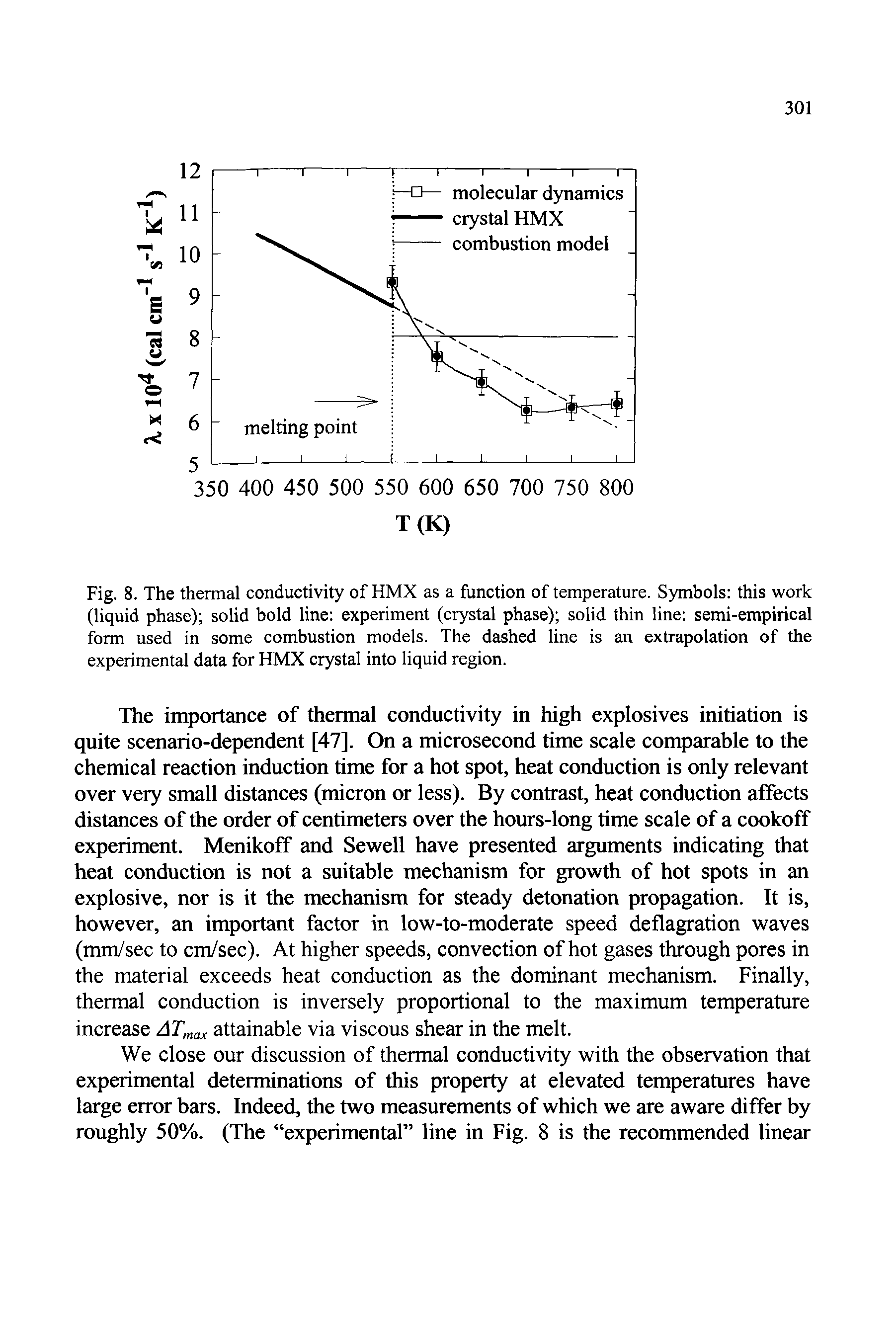 Fig. 8. The thermal conductivity of HMX as a function of temperature. Symbols this work (liquid phase) solid bold line experiment (crystal phase) solid thin line semi-empirical form used in some combustion models. The dashed line is an extrapolation of the experimental data for HMX crystal into liquid region.