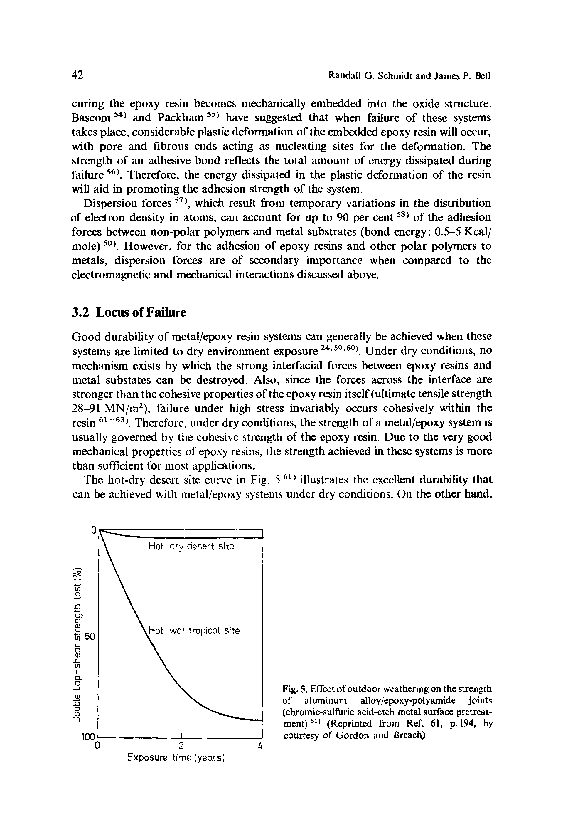 Fig. 5. Effect of outdoor weathering on the strength of aluminum alloy/epoxy-polyamide joints (chromic-sulfuric acid-etch metal surface pretreat-ment)61 (Reprinted from Ref. 61, p. 194, by courtesy of Gordon and Breach...