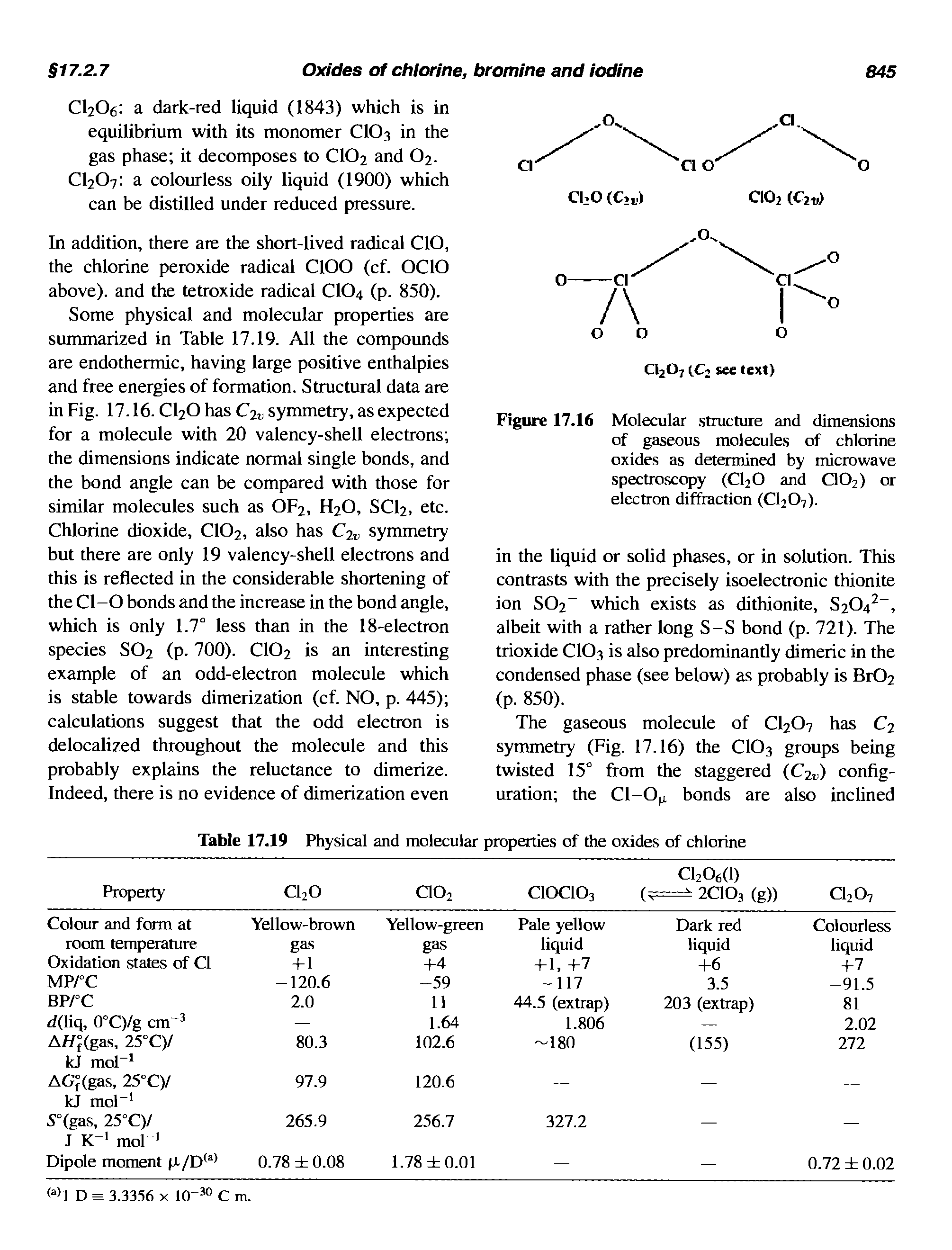 Figure 17.16 Molecular structure and dimensions of gaseous molecules of chlorine oxides as determined by microwave spectroscopy (CI2O and CIO2) or electron diffraction (CI2O7).