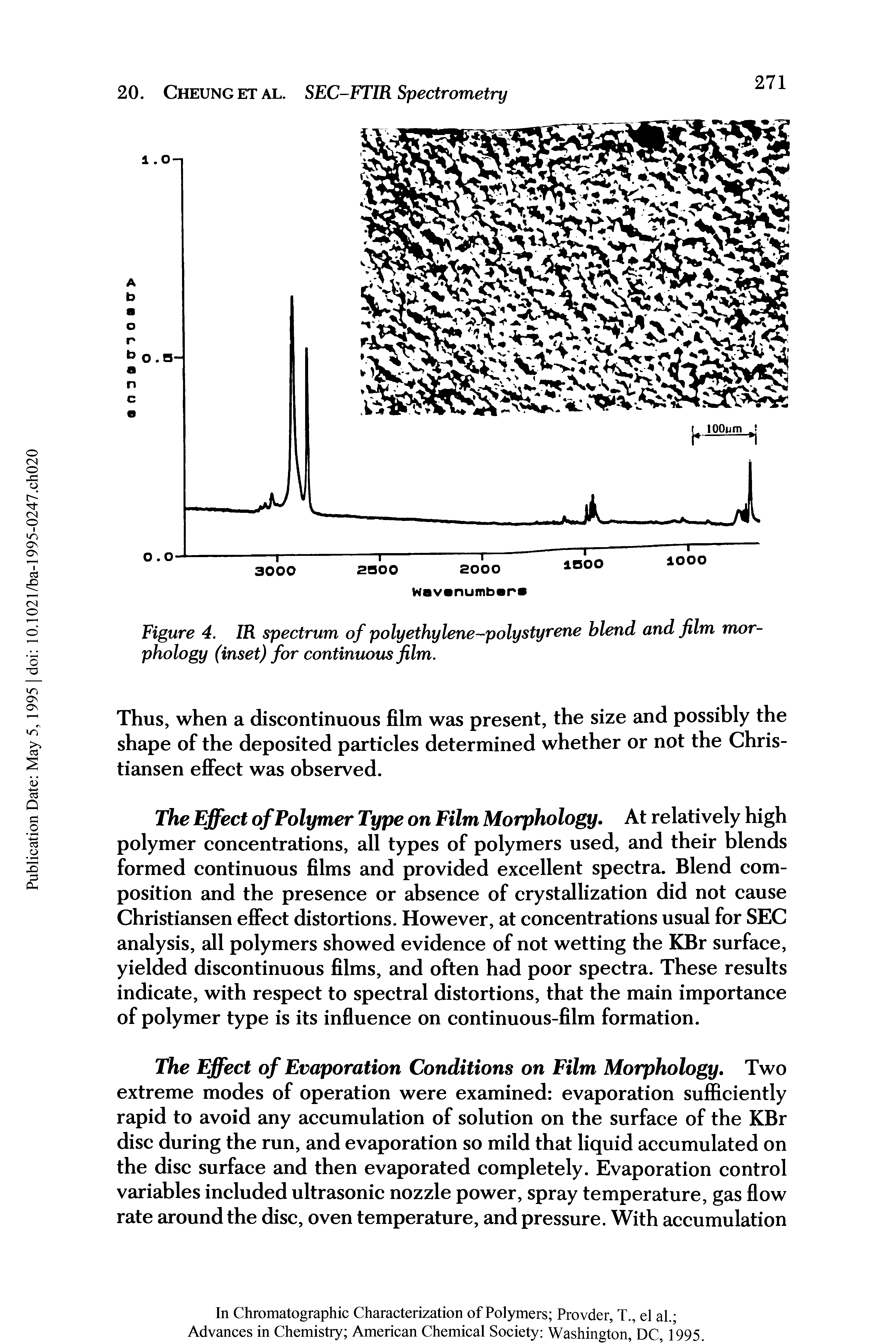 Figure 4. IR spectrum of polyethylene-polystyrene blend and film morphology (inset) for continuous film.