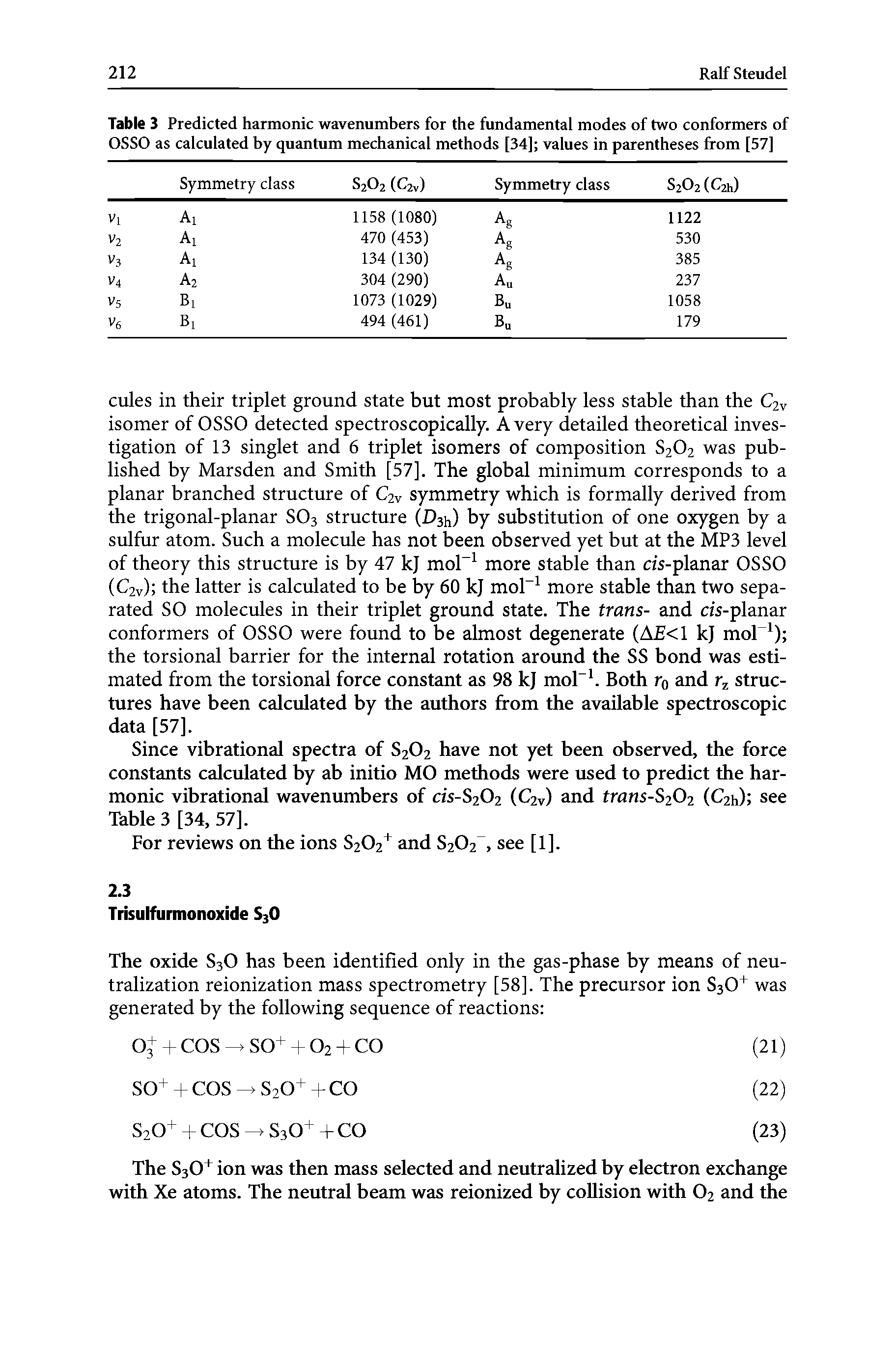 Table 3 Predicted harmonic wavenumbers for the fundamental modes of two conformers of OSSO as calculated by quantum mechanical methods [34] values in parentheses from [57]...